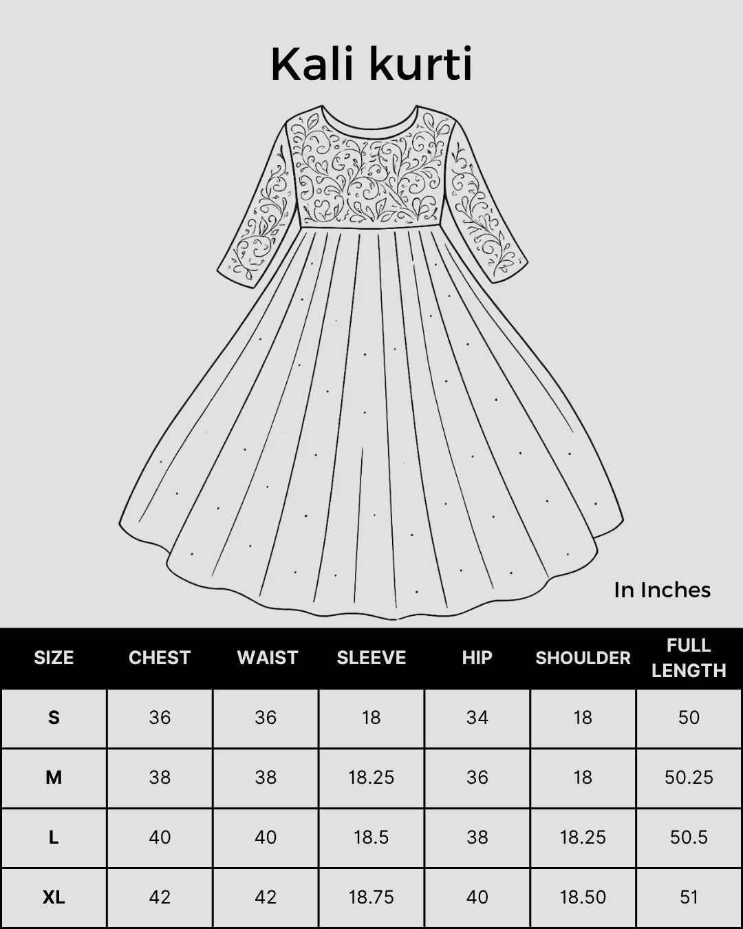 Size chart for Shwet Women Grey Chikankari kali Kurti enlarged
