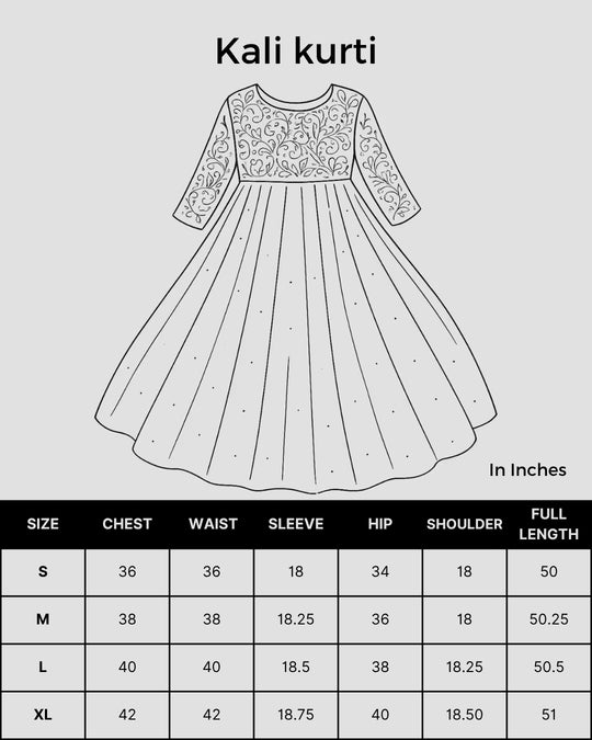 Size chart for Shwet Women Pink Hand Embroidered Chikankari Kali Kurti
