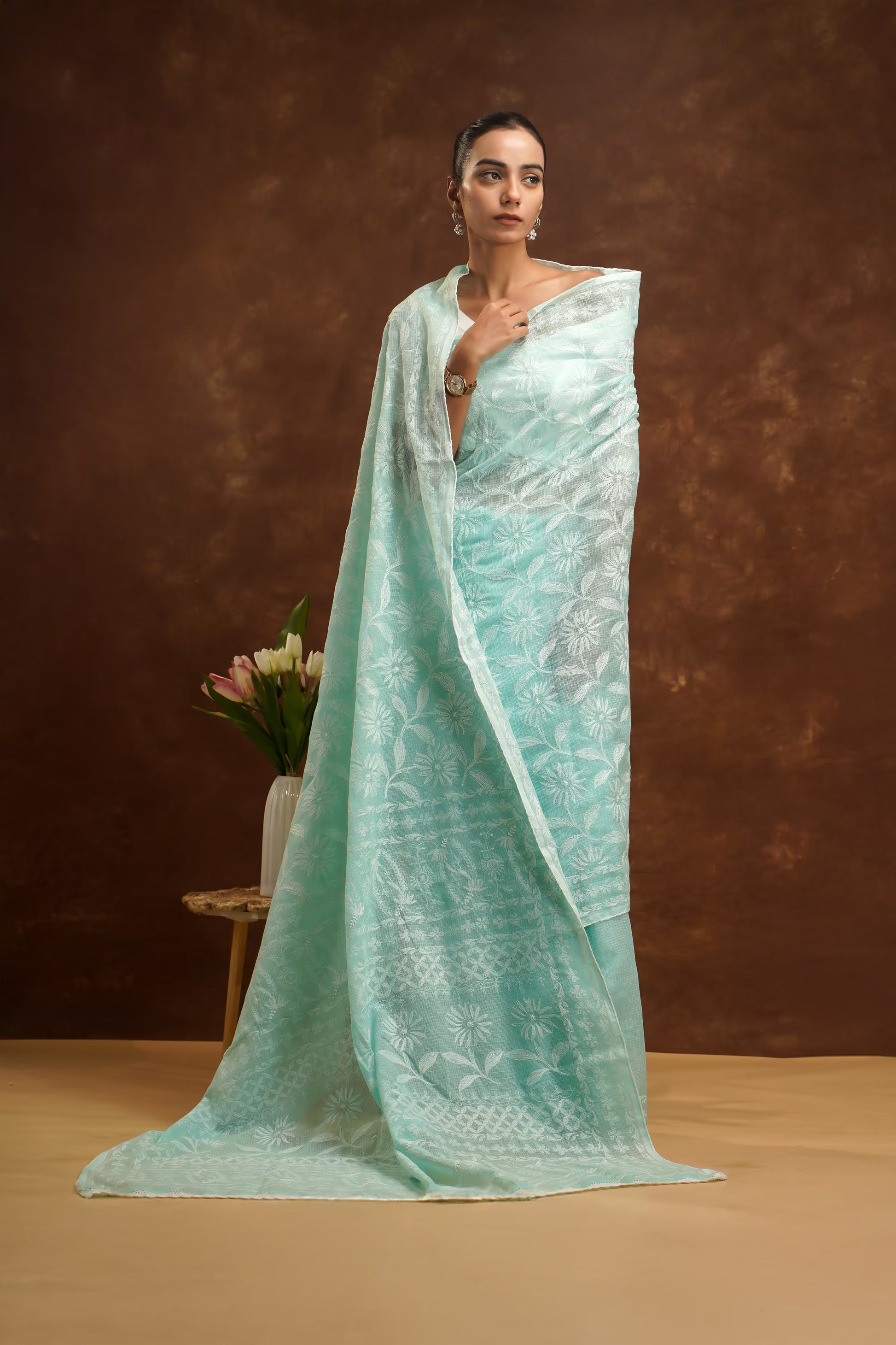 Woman wearing a light blue saree with a brown background