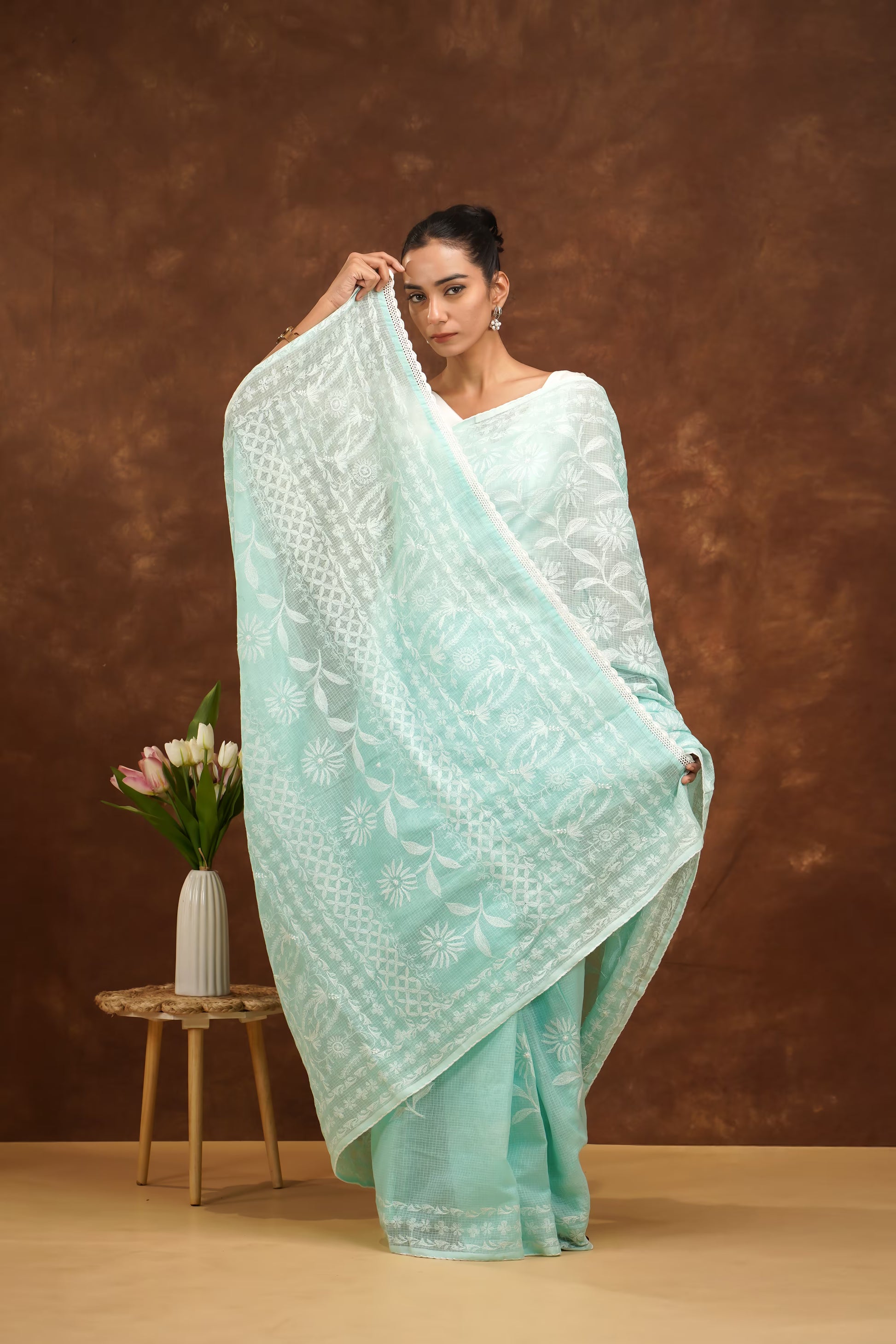 Woman in a light blue saree with white patterns against a brown background