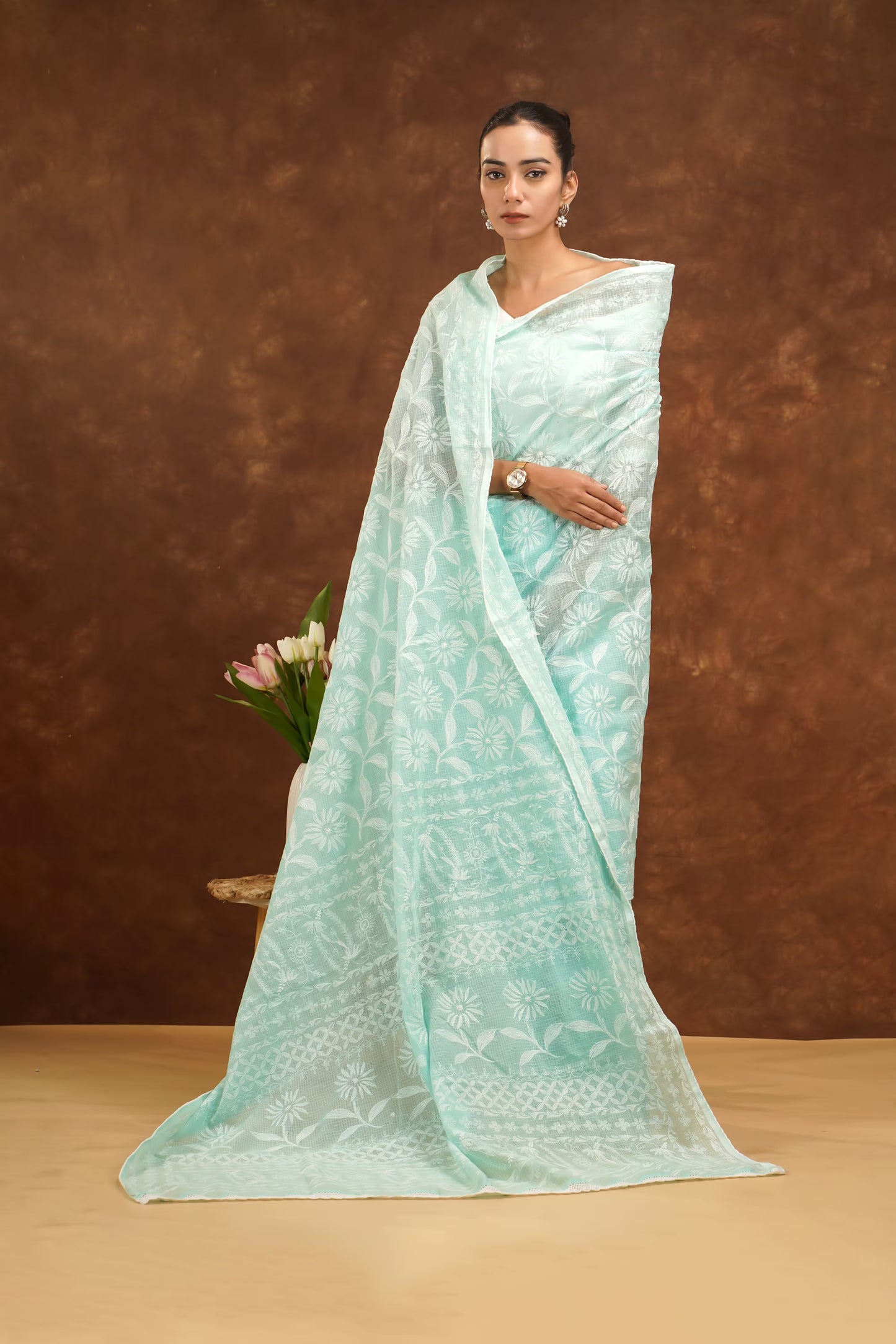 Woman wearing a light blue saree with a brown background