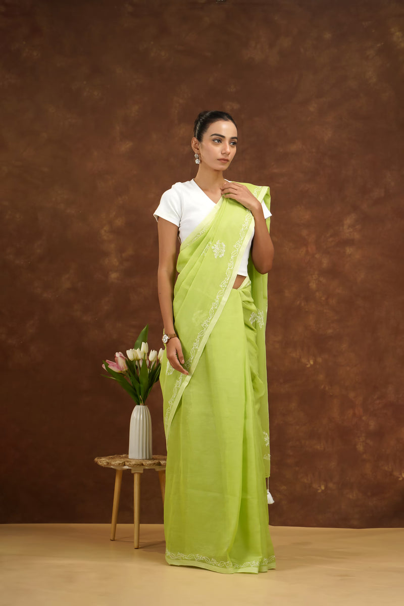 Woman in a light green saree standing against a brown background with a small table and flowers.