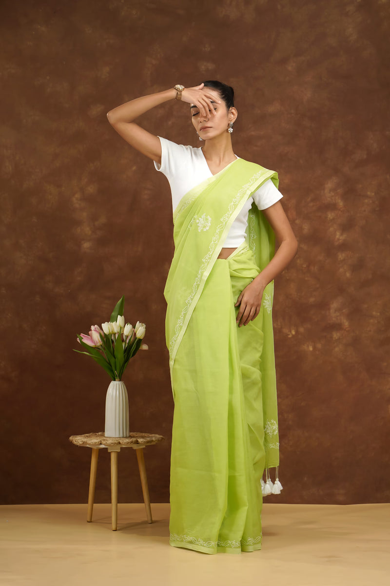 Woman in a light green saree with a white blouse against a brown background
