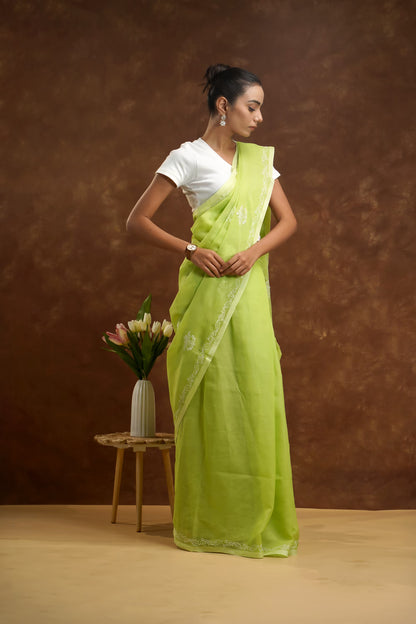Woman in a green saree standing next to a small table with flowers against a brown background