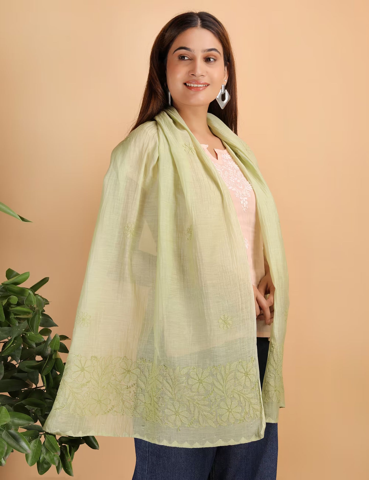 Shwet Women Green Chikankari Chanderi Stole - Shwet Artistry