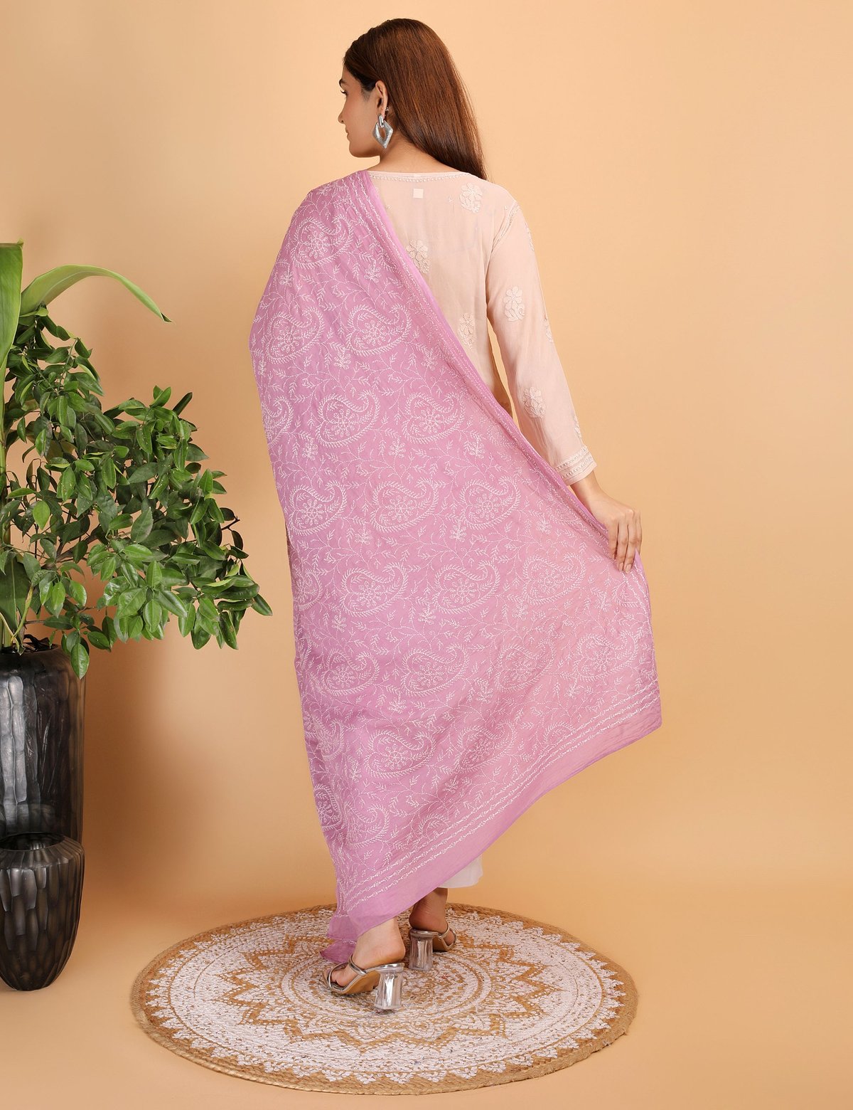 Shwet "pestal Hues"move Chikankari Cotton Dupatta - Handcrafted Chikankari embroidery, front view. Premium quality fabric.
