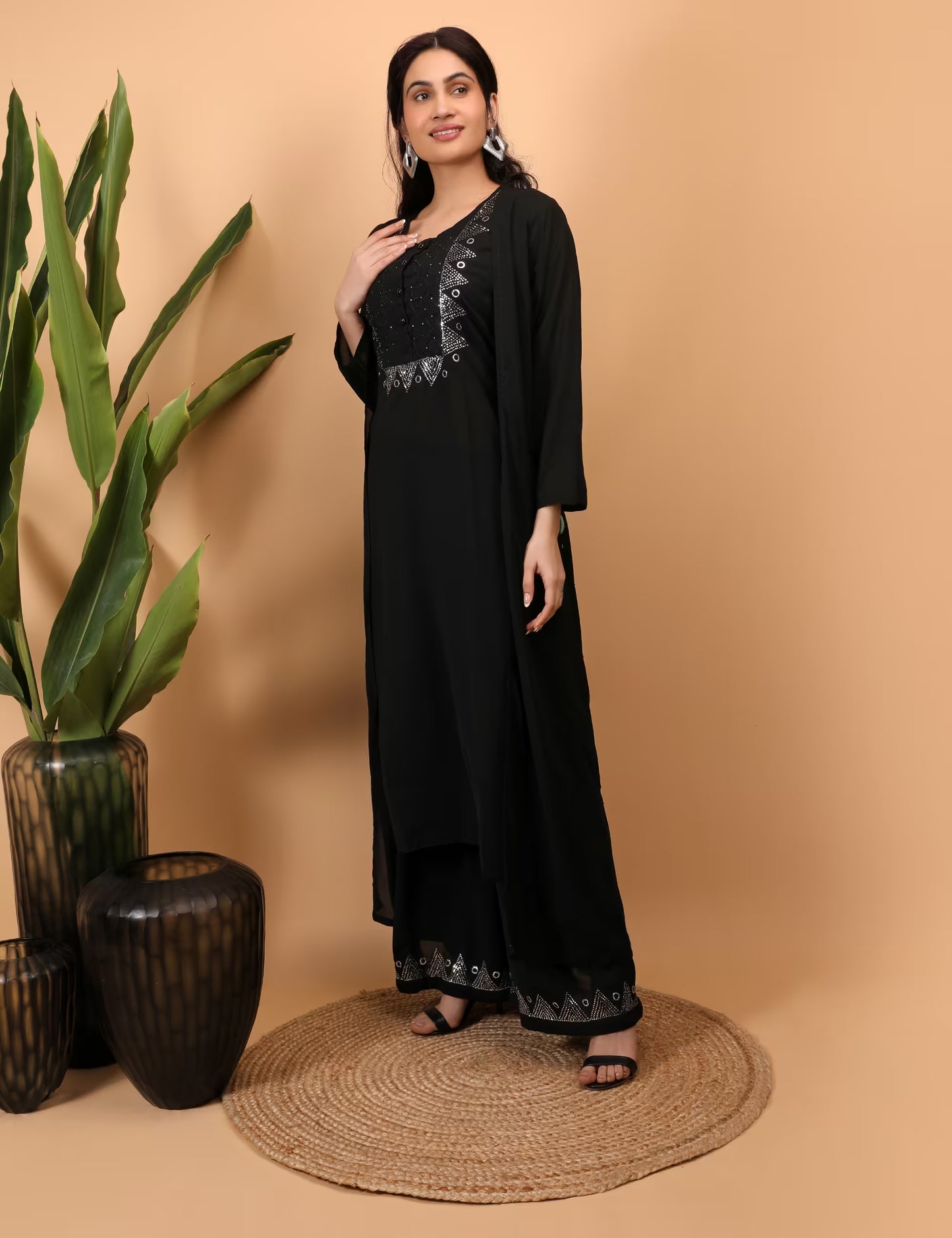 Black Chikankari Kurta Palazzo Shrug Set