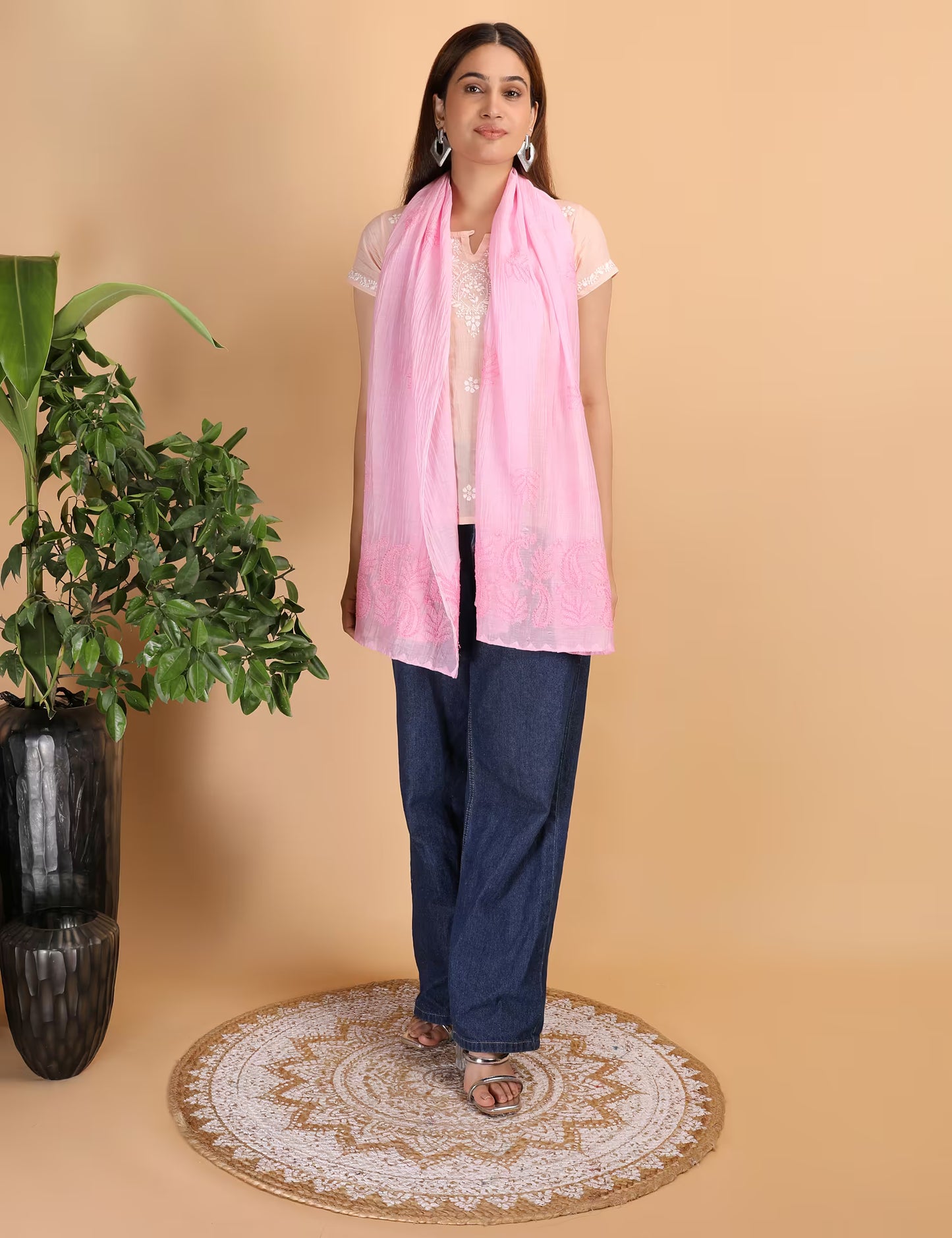 Shwet Women Pink Chikankari Chanderi Stole - Shwet Artistry