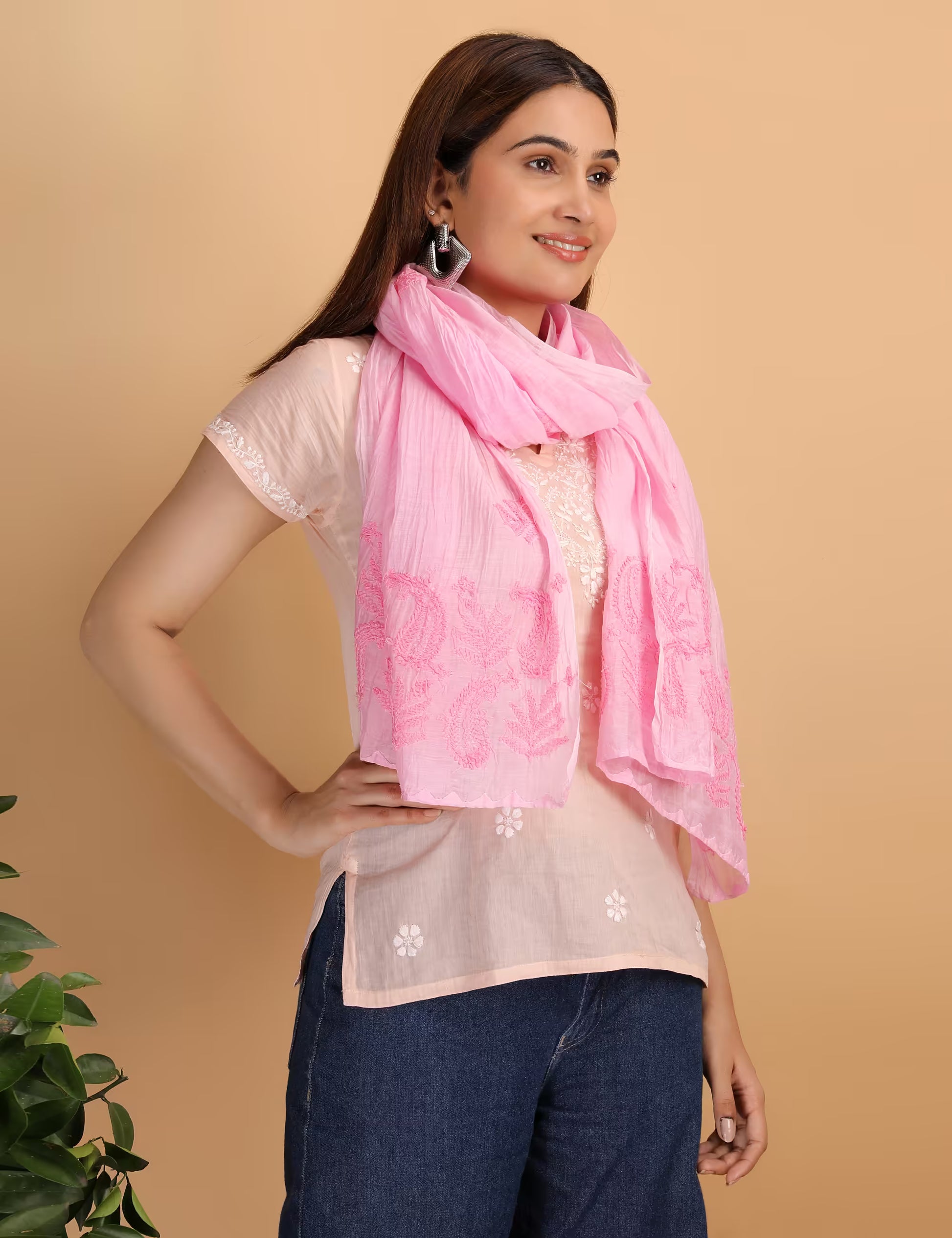 Shwet Women Pink Chikankari Chanderi Stole - Shwet Artistry