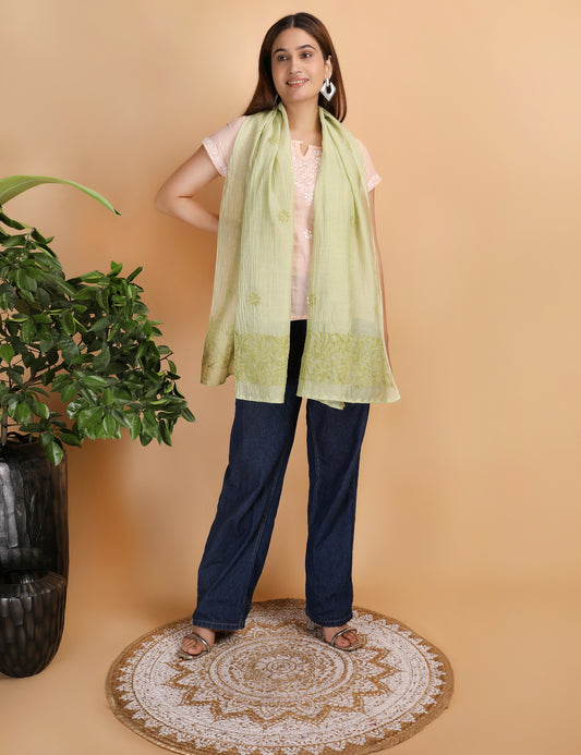 Shwet Artistry Shwet Women Green Chikankari Chanderi Stole - Premium Chikankari Collection