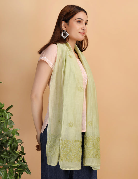 Shwet Artistry Shwet Women Green Chikankari Chanderi Stole - Premium Chikankari Collection