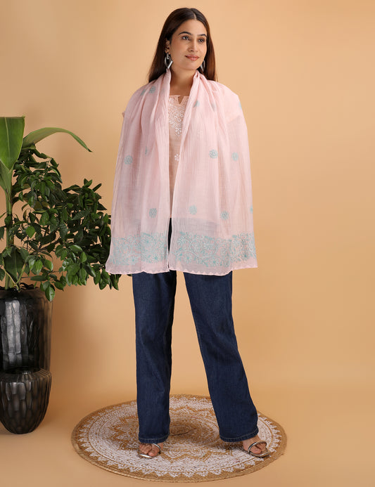 Shwet Artistry Shwet Women Peach Chikankari Chanderi Stole - Premium Chikankari Collection