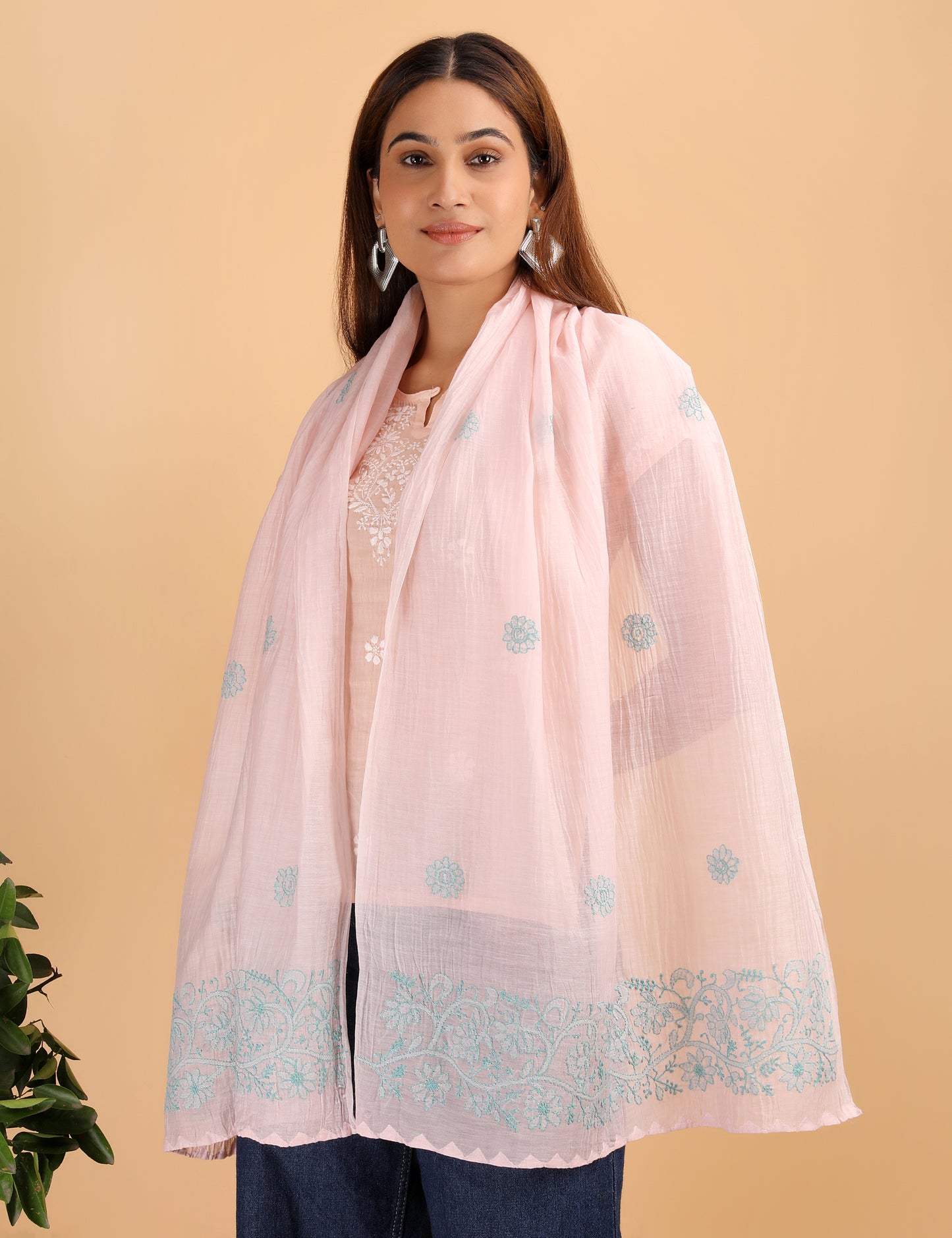 Shwet Artistry Shwet Women Peach Chikankari Chanderi Stole - Premium Chikankari Collection