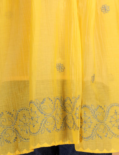 Yellow fabric with intricate blue Hand Embroidered Chikankari