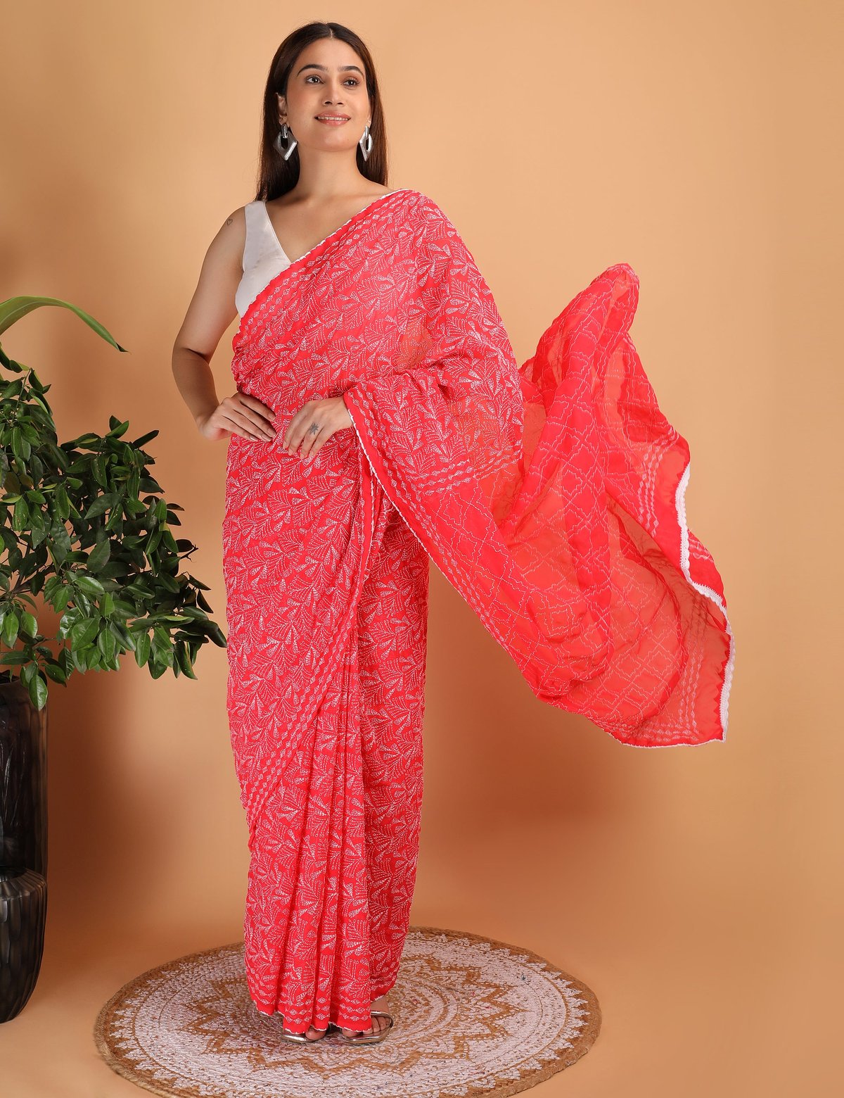 Shwet Red Chikankari Georgette Saree - Handcrafted Chikankari embroidery, front view. Premium quality fabric.