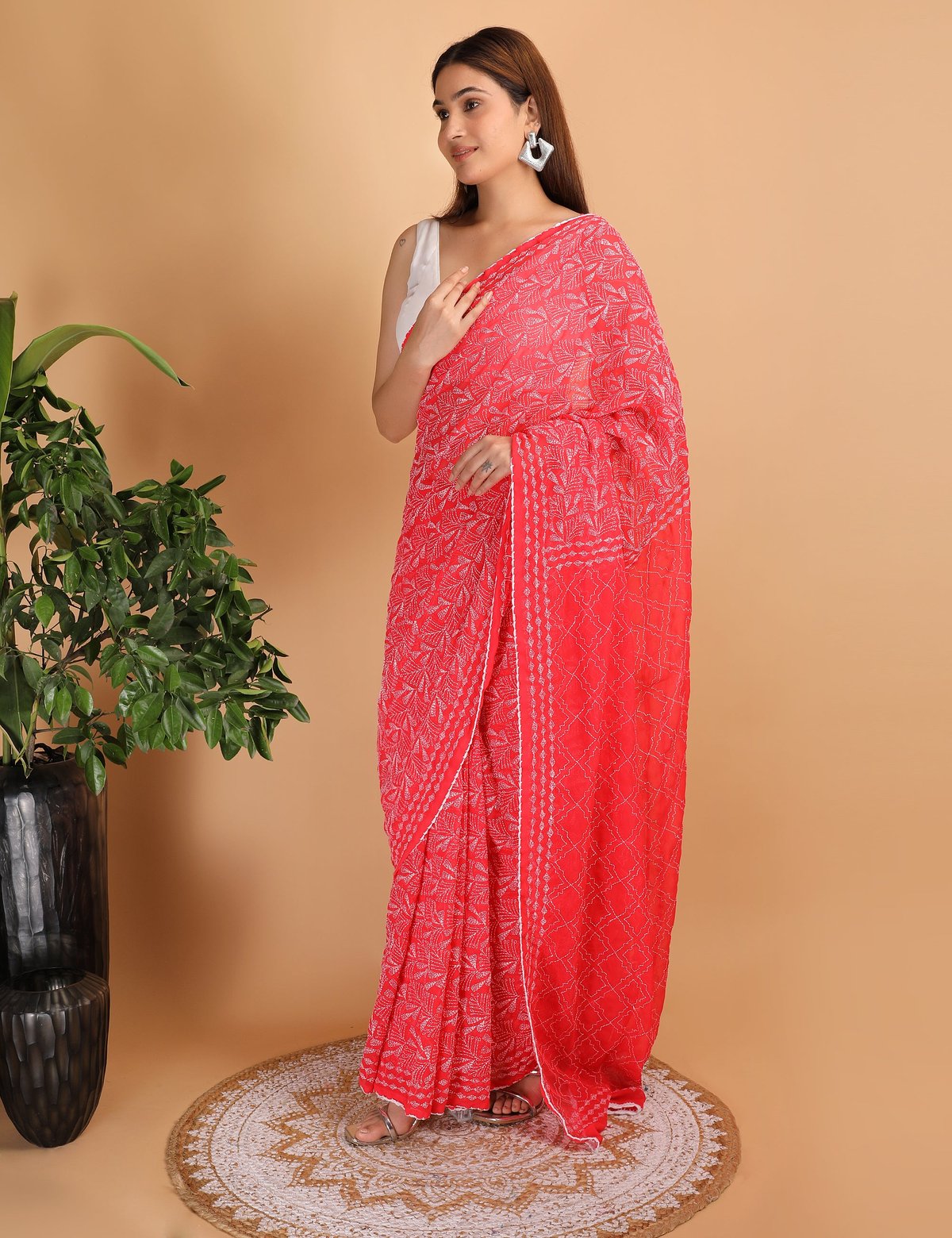 Shwet Red Chikankari Georgette Saree - Handcrafted Chikankari embroidery, styling example. Premium quality fabric.