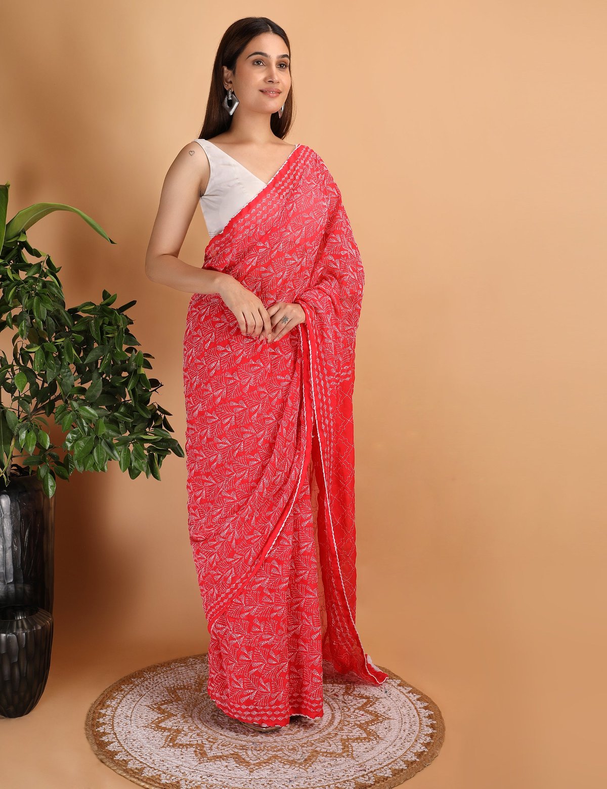 Shwet Red Chikankari Georgette Saree - Handcrafted Chikankari embroidery. Premium quality fabric.