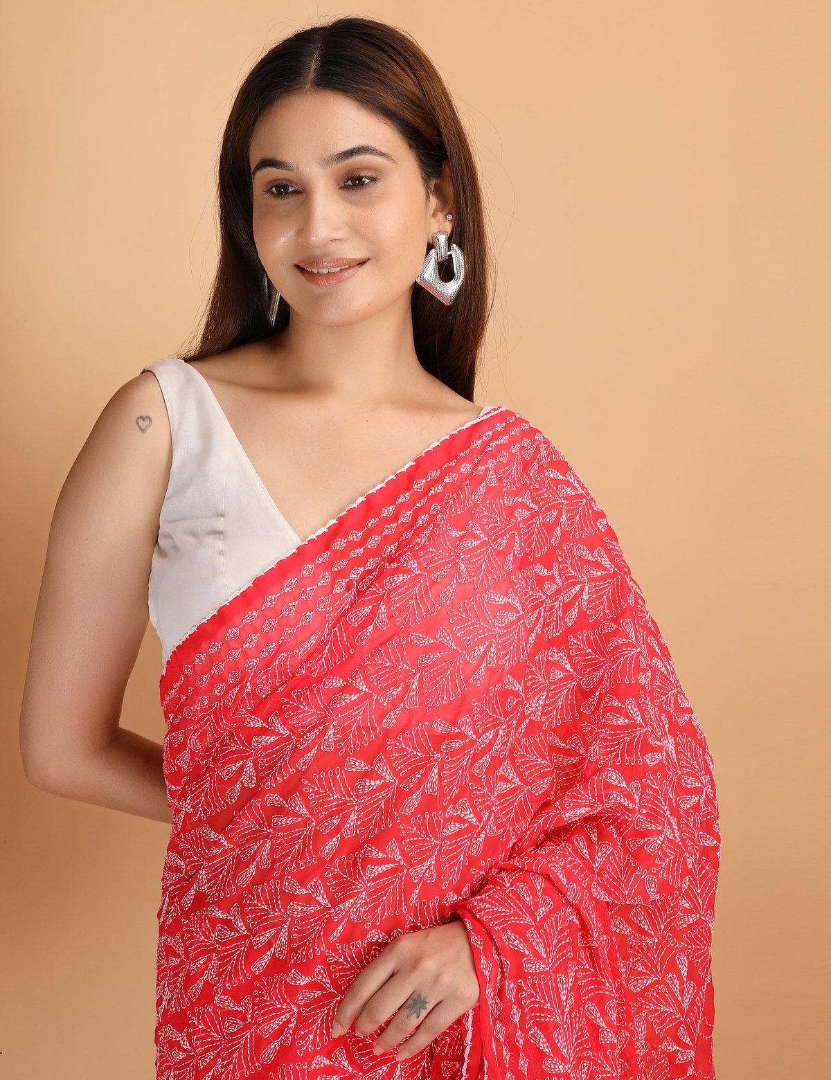 Shwet Red Chikankari Georgette Saree - Handcrafted Chikankari embroidery. Premium quality fabric.