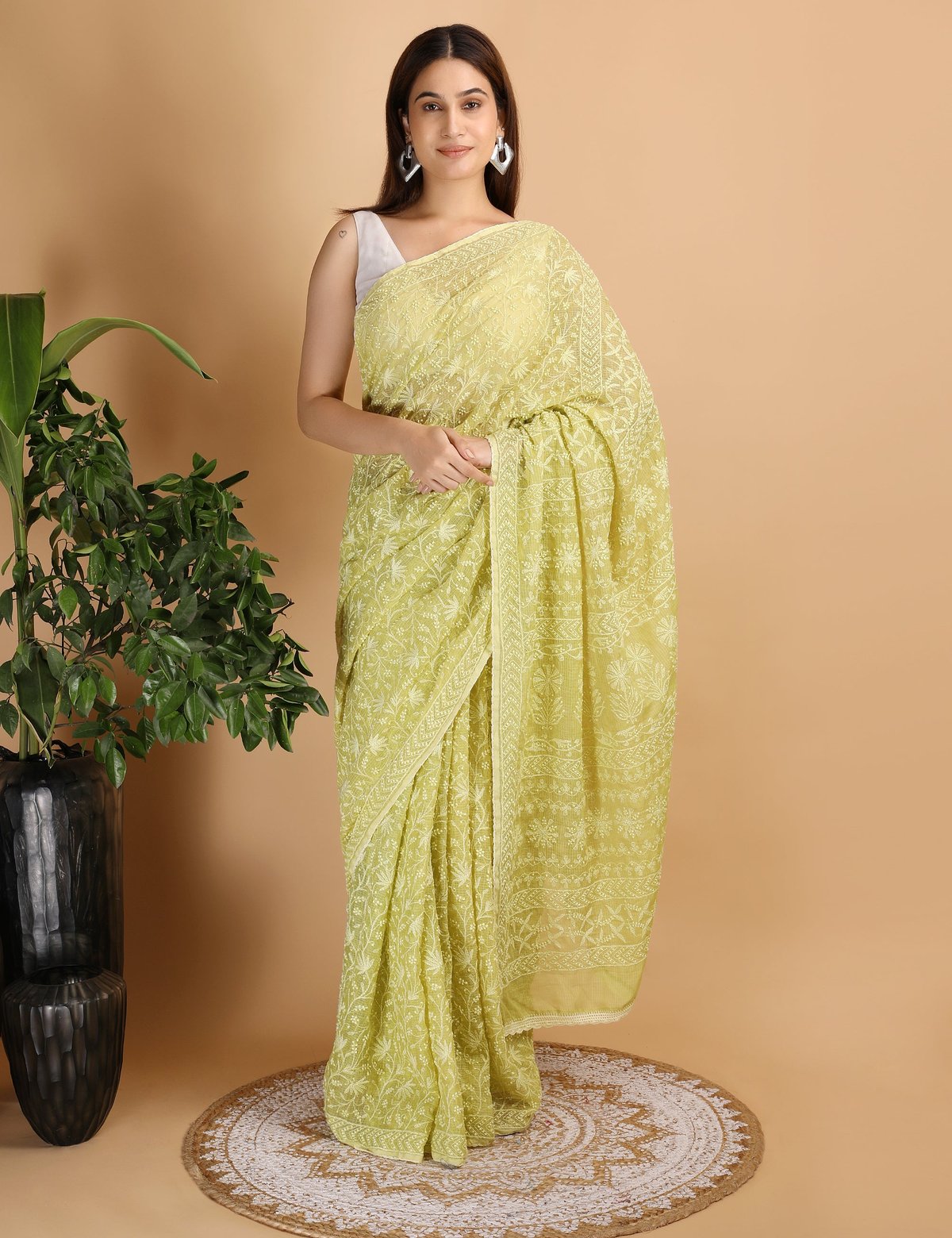 Shwet Parrot Green Kota Cotton Chikankari Saree - Handcrafted Chikankari embroidery, front view. Premium quality fabric.