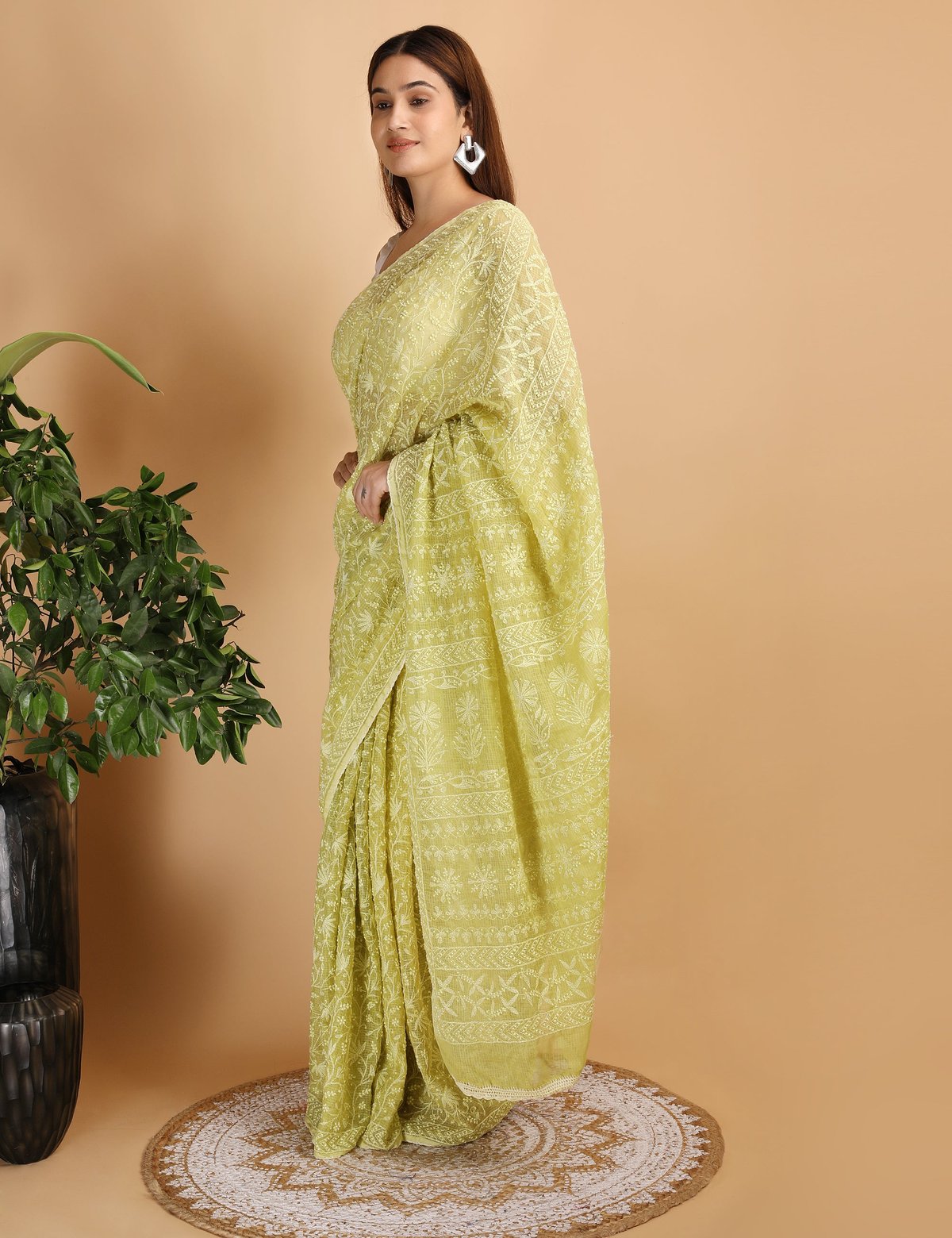 Shwet Parrot Green Kota Cotton Chikankari Saree - Handcrafted Chikankari embroidery, close-up detail. Premium quality fabric.