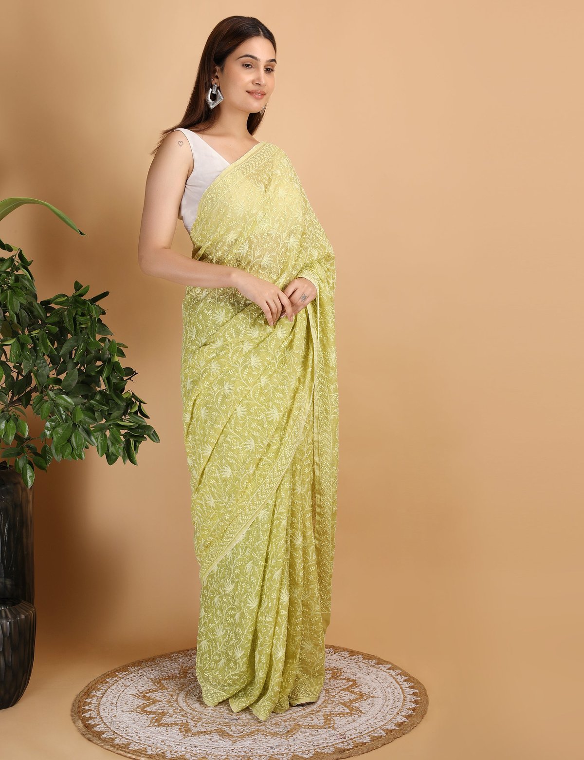 Shwet Parrot Green Kota Cotton Chikankari Saree - Handcrafted Chikankari embroidery, styling example. Premium quality fabric.