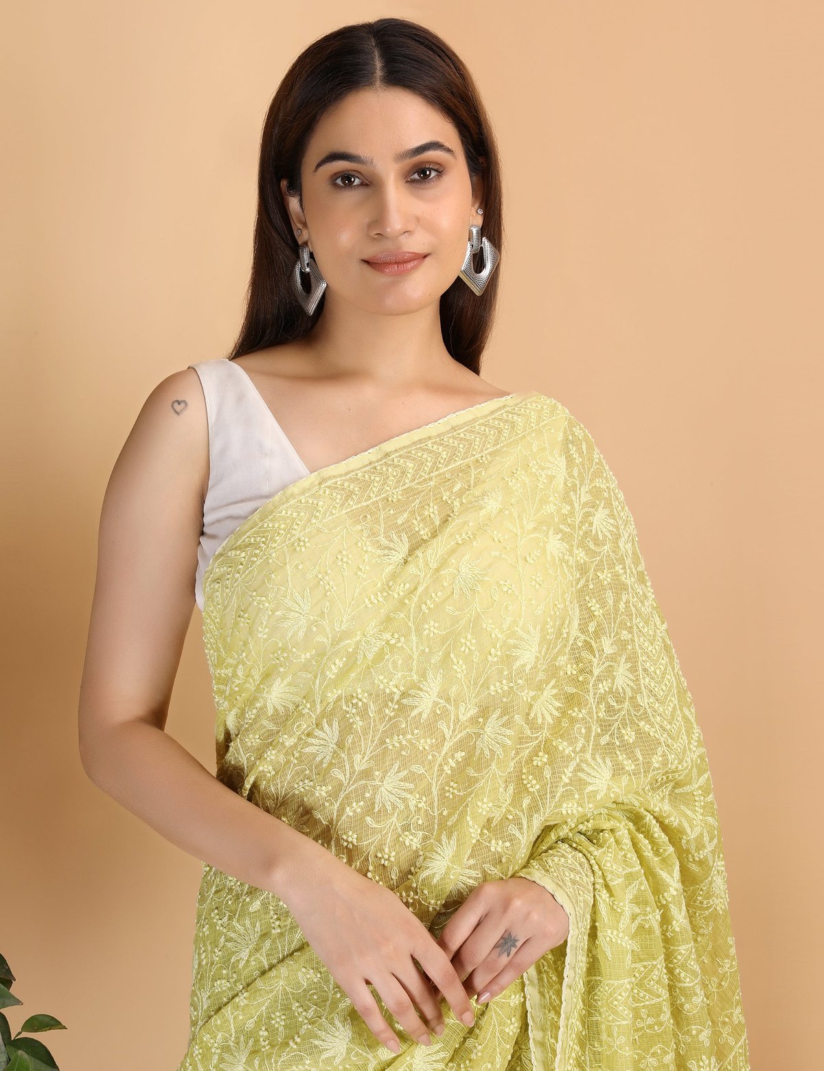 Shwet Parrot Green Kota Cotton Chikankari Saree - Handcrafted Chikankari embroidery. Premium quality fabric.