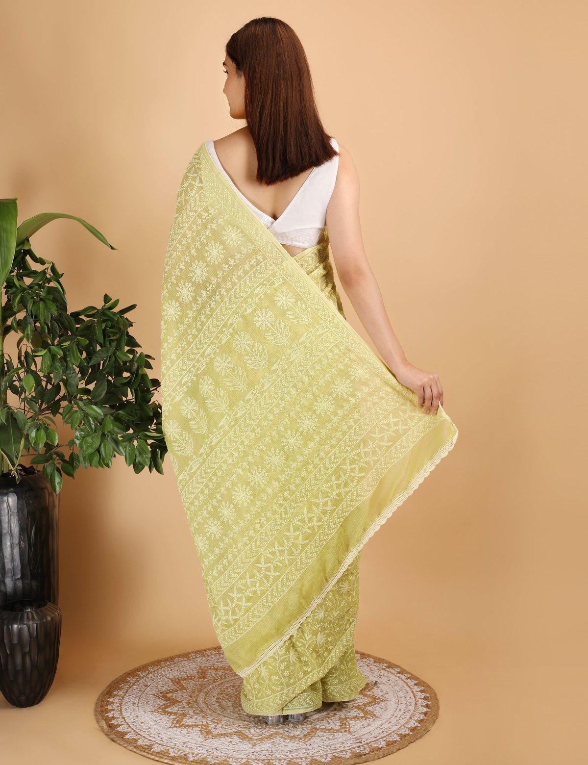 Shwet Parrot Green Kota Cotton Chikankari Saree - Handcrafted Chikankari embroidery. Premium quality fabric.