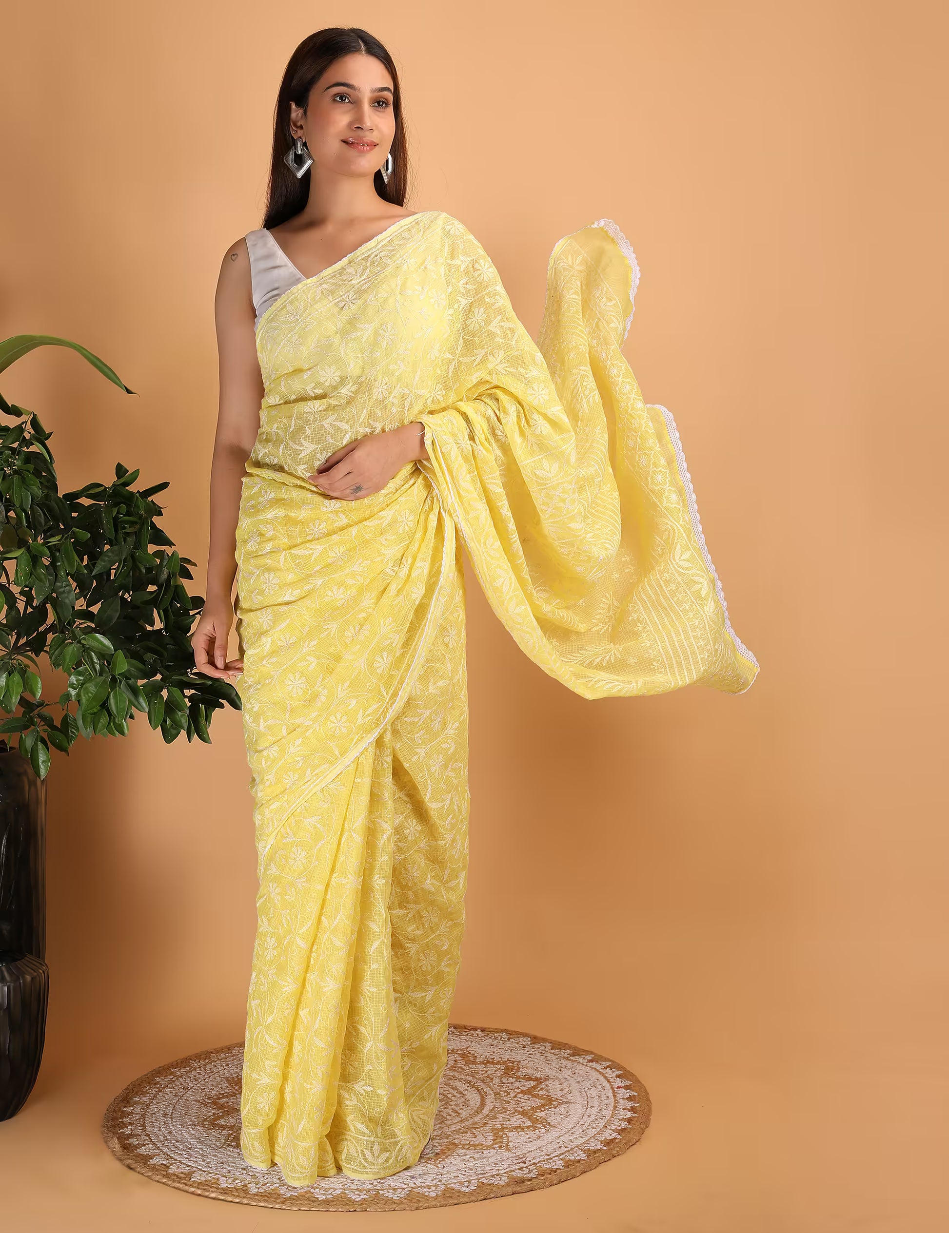 Women Yellow Hand Embroidered  Kota Cotton Chikankari Saree - Shwet Artistry