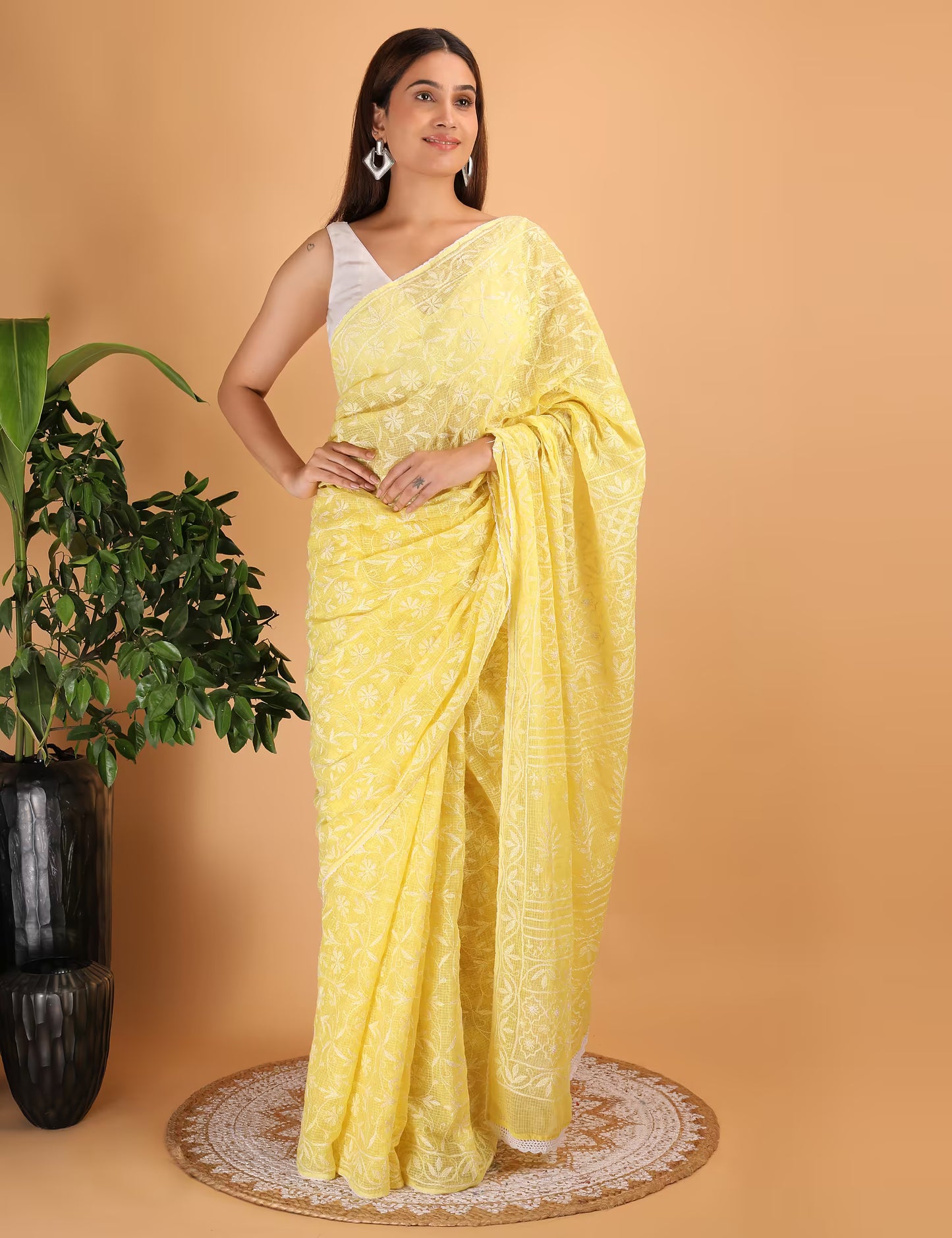 Women Yellow Hand Embroidered  Kota Cotton Chikankari Saree - Shwet Artistry