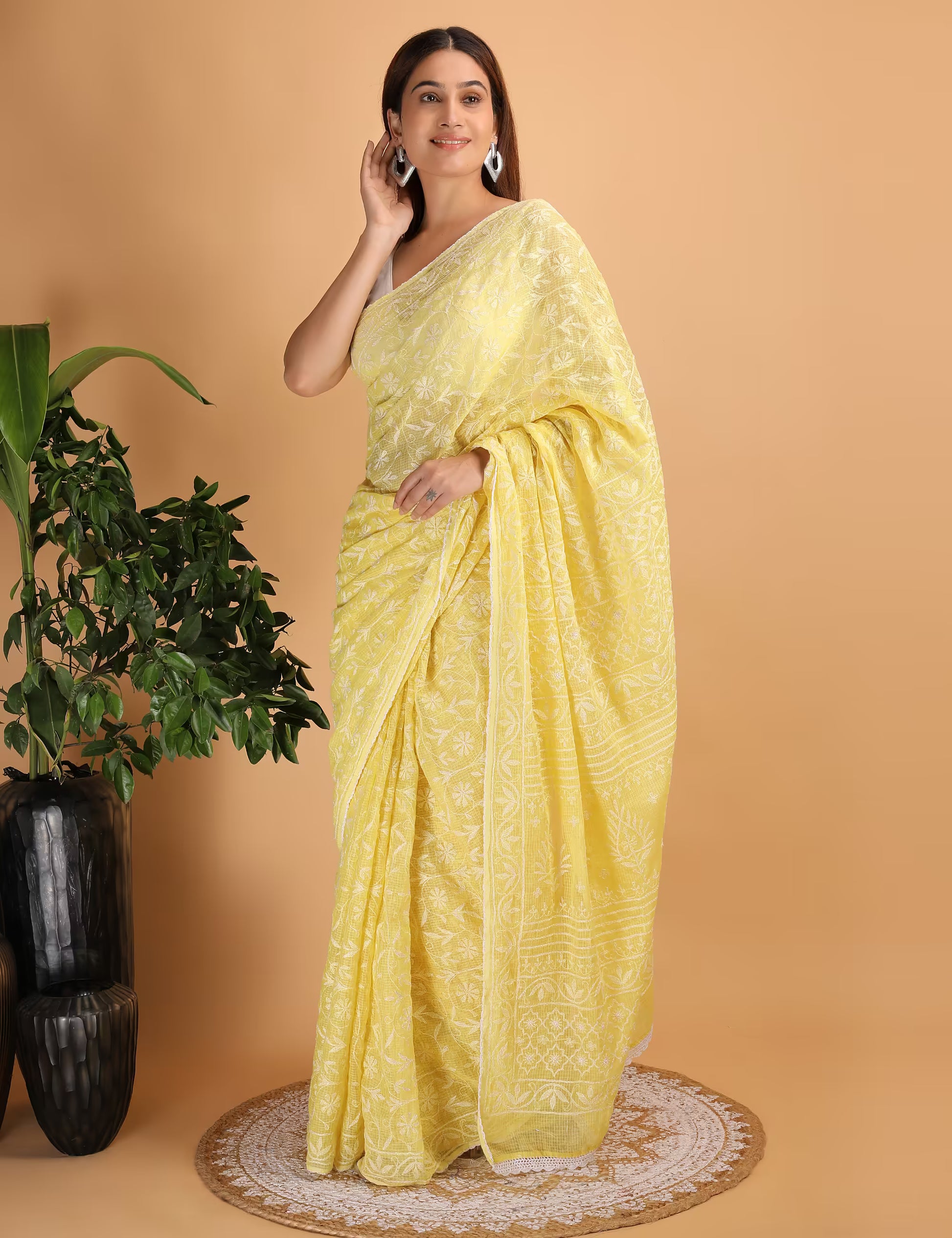 Women Yellow Hand Embroidered  Kota Cotton Chikankari Saree - Shwet Artistry