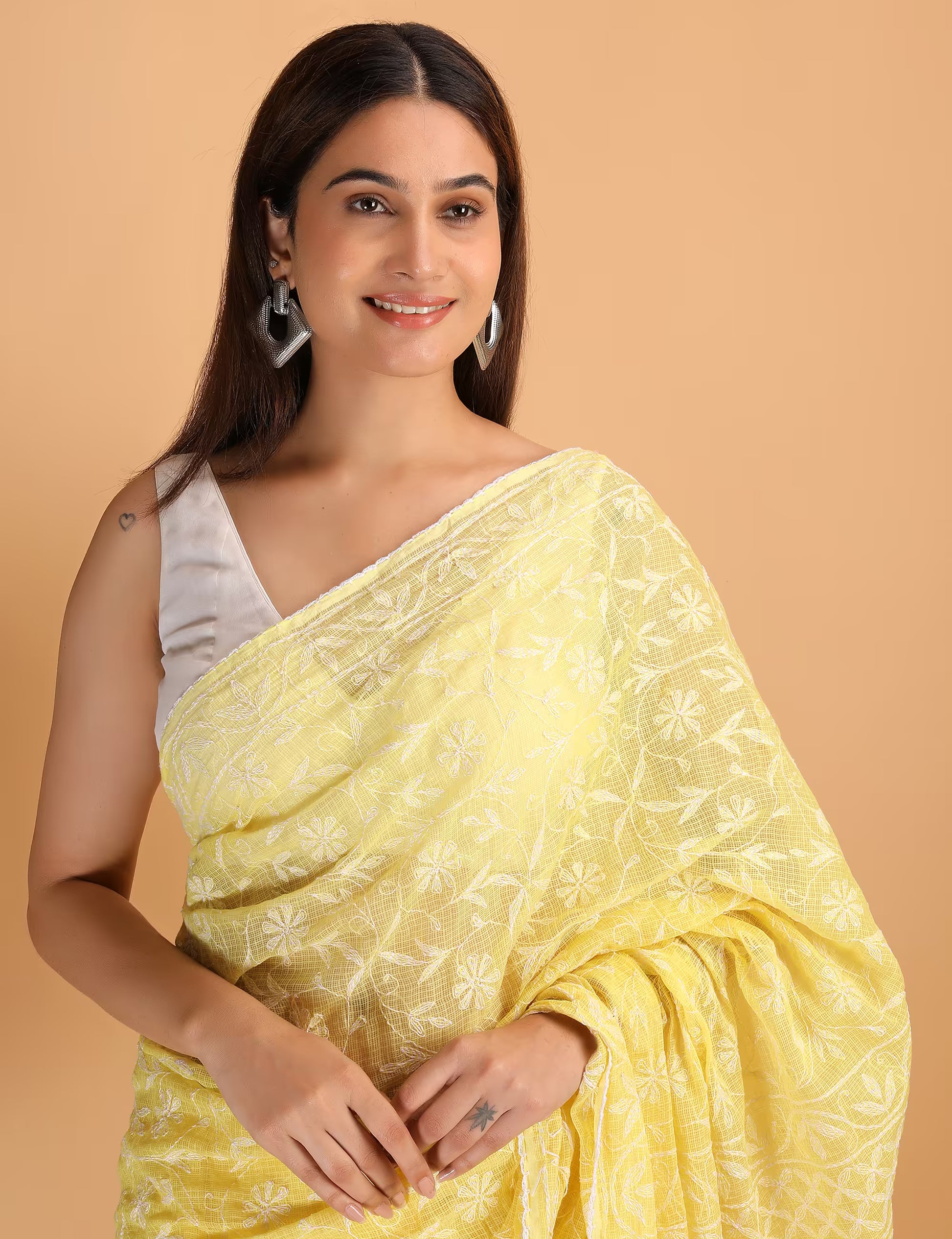 Women Yellow Hand Embroidered  Kota Cotton Chikankari Saree - Shwet Artistry