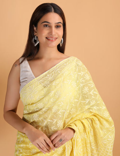 Women Yellow Hand Embroidered  Kota Cotton Chikankari Saree - Shwet Artistry