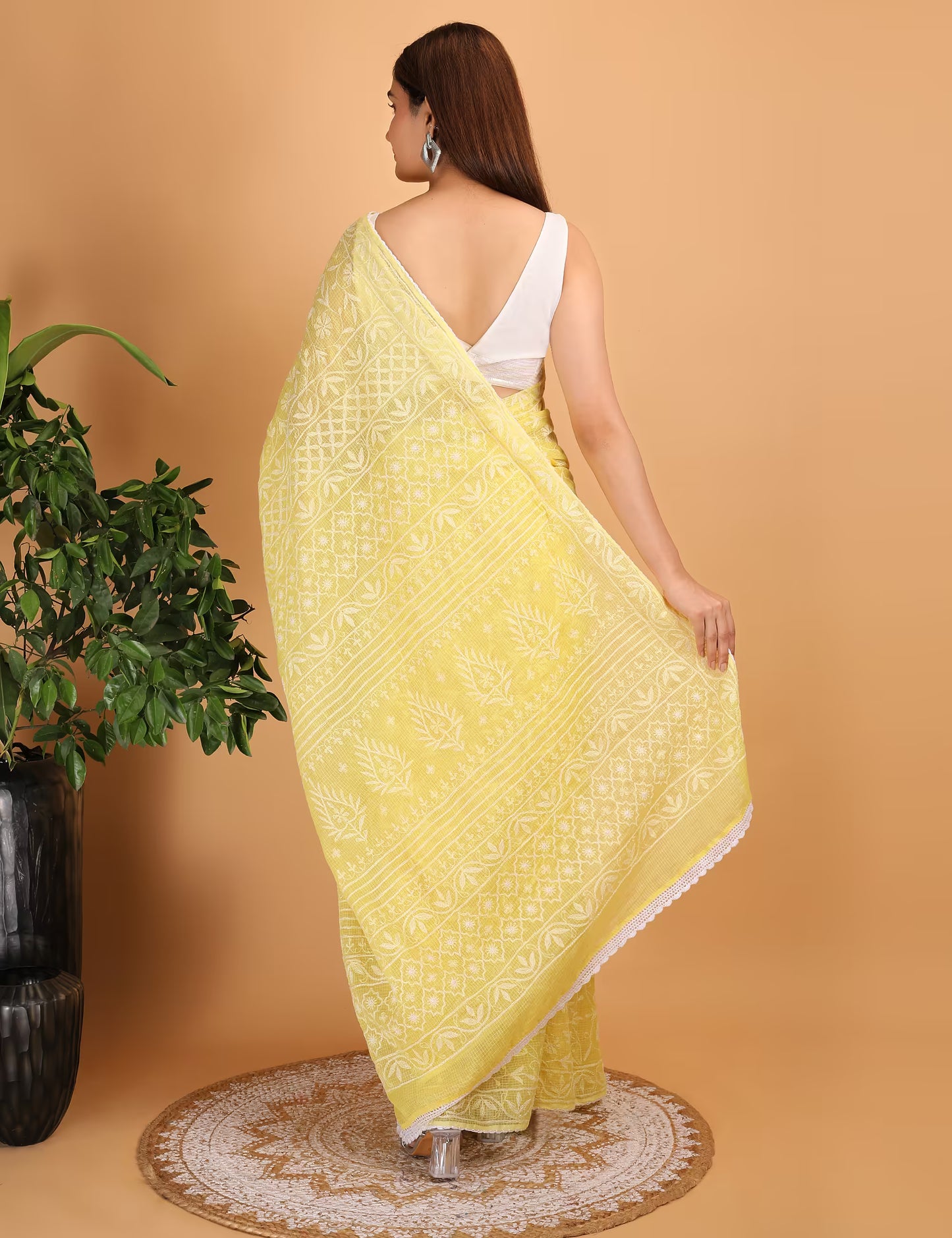 Women Yellow Hand Embroidered  Kota Cotton Chikankari Saree - Shwet Artistry