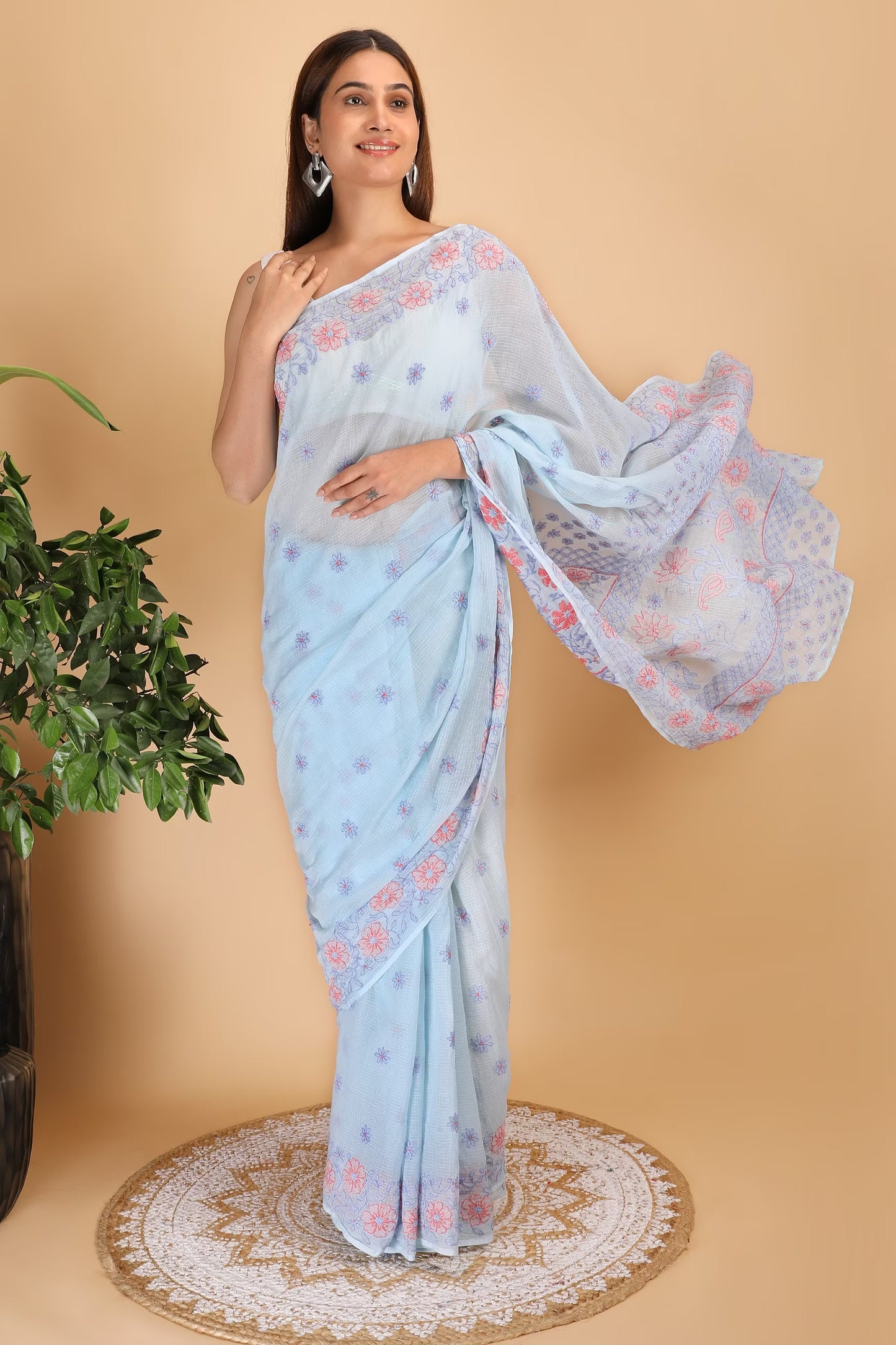 Shwet Sky Blue and Peach Kota Cotton Chikankari Saree