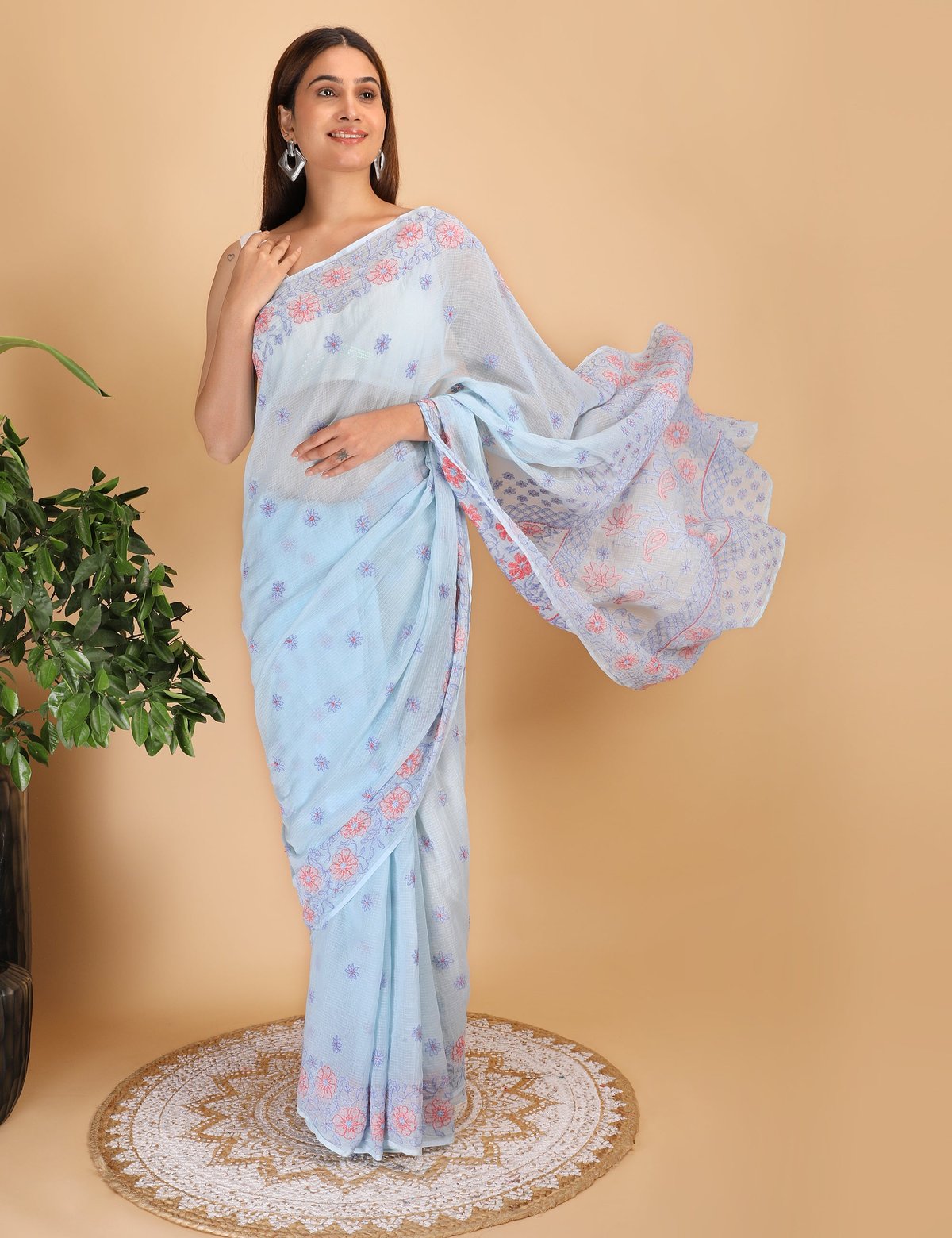 Shwet Sky Blue and Peach Kota Cotton Chikankari Saree - Handcrafted Chikankari embroidery, front view. Premium quality fabric.