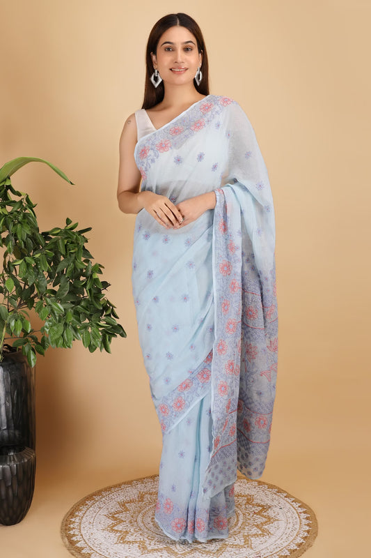 Shwet Sky Blue and Peach Kota Cotton Chikankari Saree