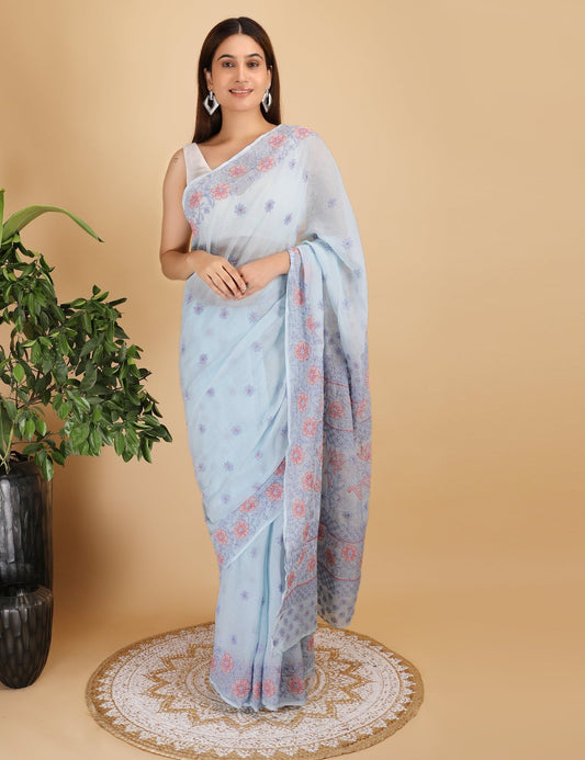 Shwet Sky Blue and Peach Kota Cotton Chikankari Saree - Handcrafted Chikankari embroidery, close-up detail. Premium quality fabric.