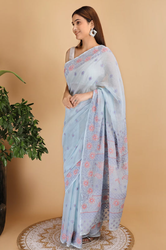 Shwet Sky Blue and Peach Kota Cotton Chikankari Saree