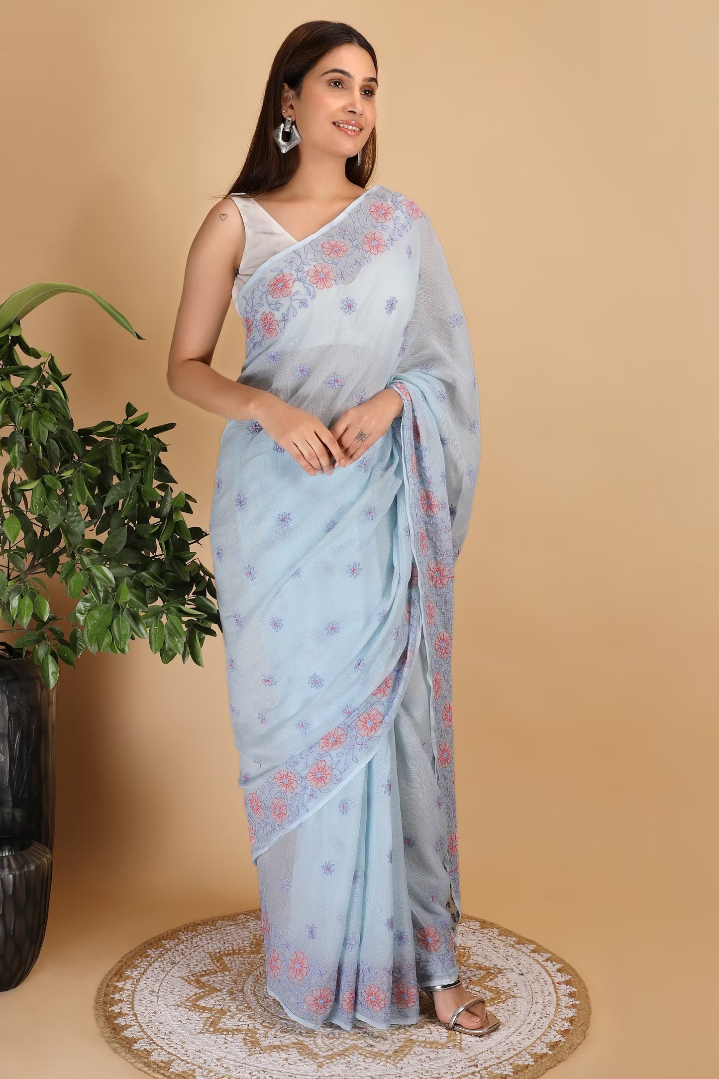 Shwet Sky Blue and Peach Kota Cotton Chikankari Saree