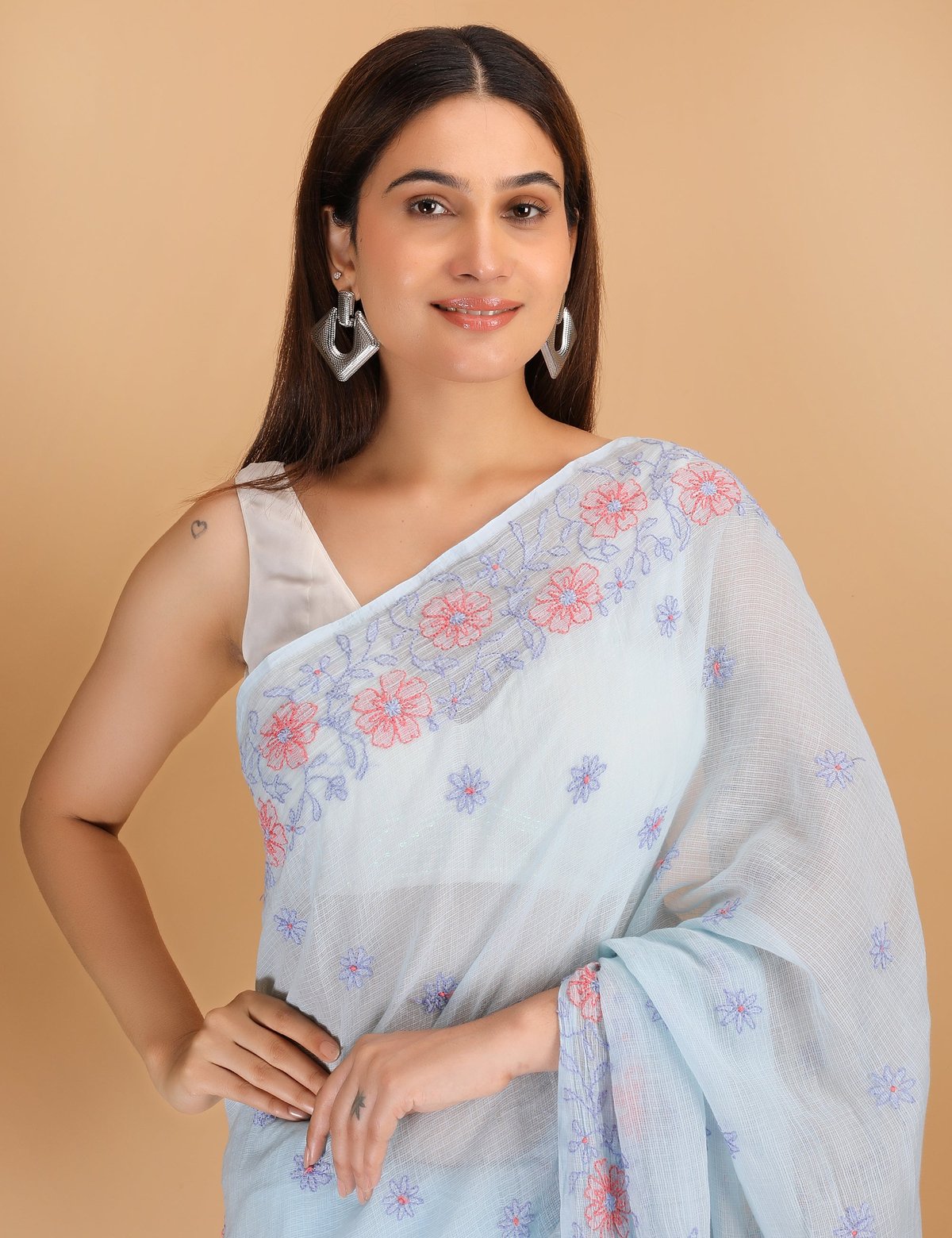 Shwet Sky Blue and Peach Kota Cotton Chikankari Saree - Handcrafted Chikankari embroidery. Premium quality fabric.