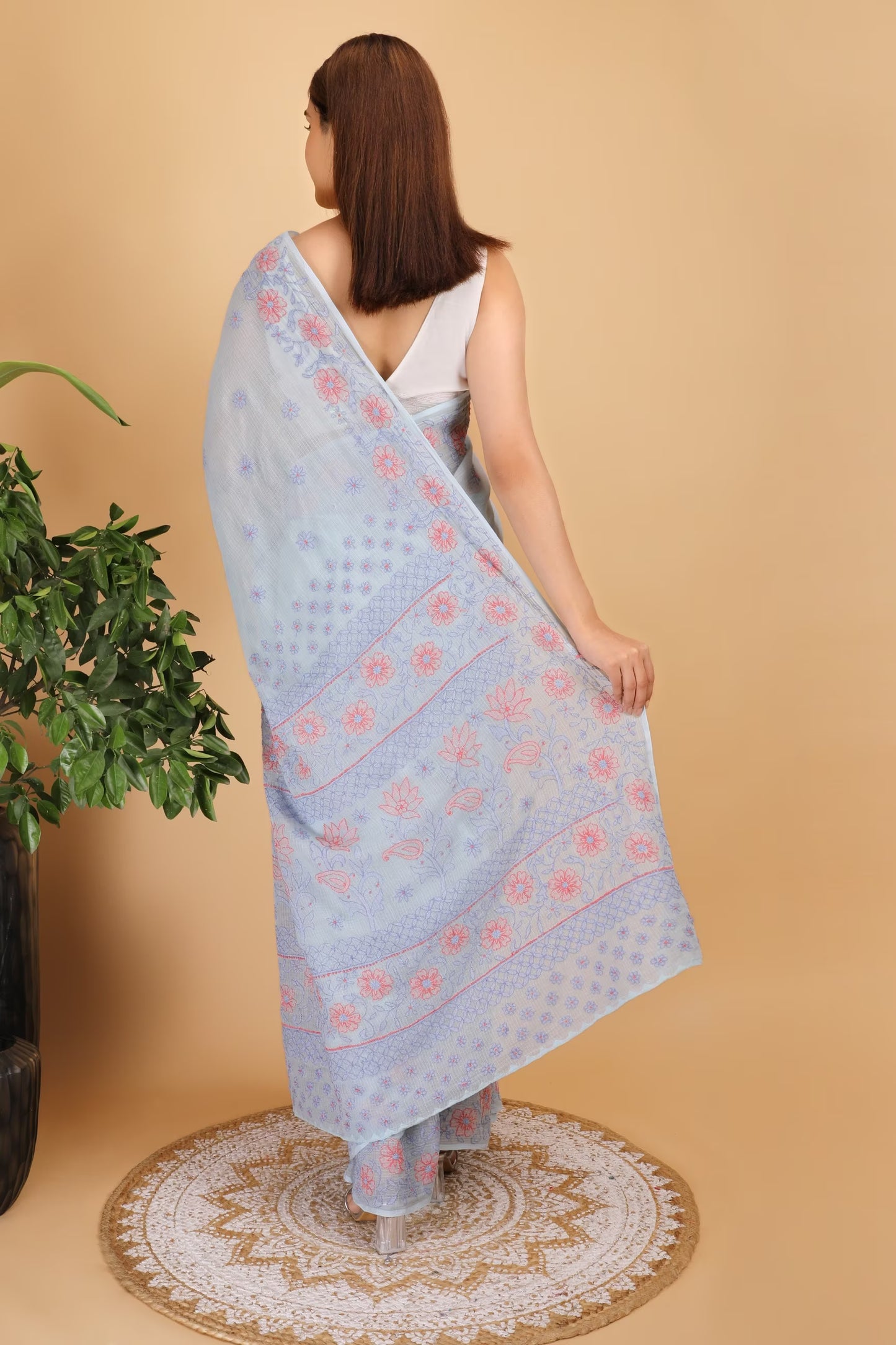 Shwet Sky Blue and Peach Kota Cotton Chikankari Saree