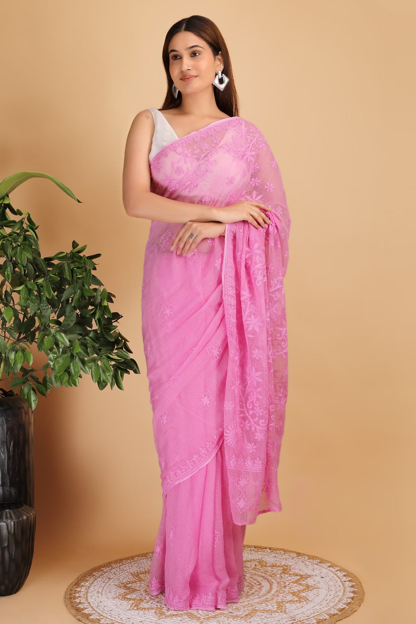 Shwet Magenta Kota Cotton Hand Embroidered Chikankari Saree