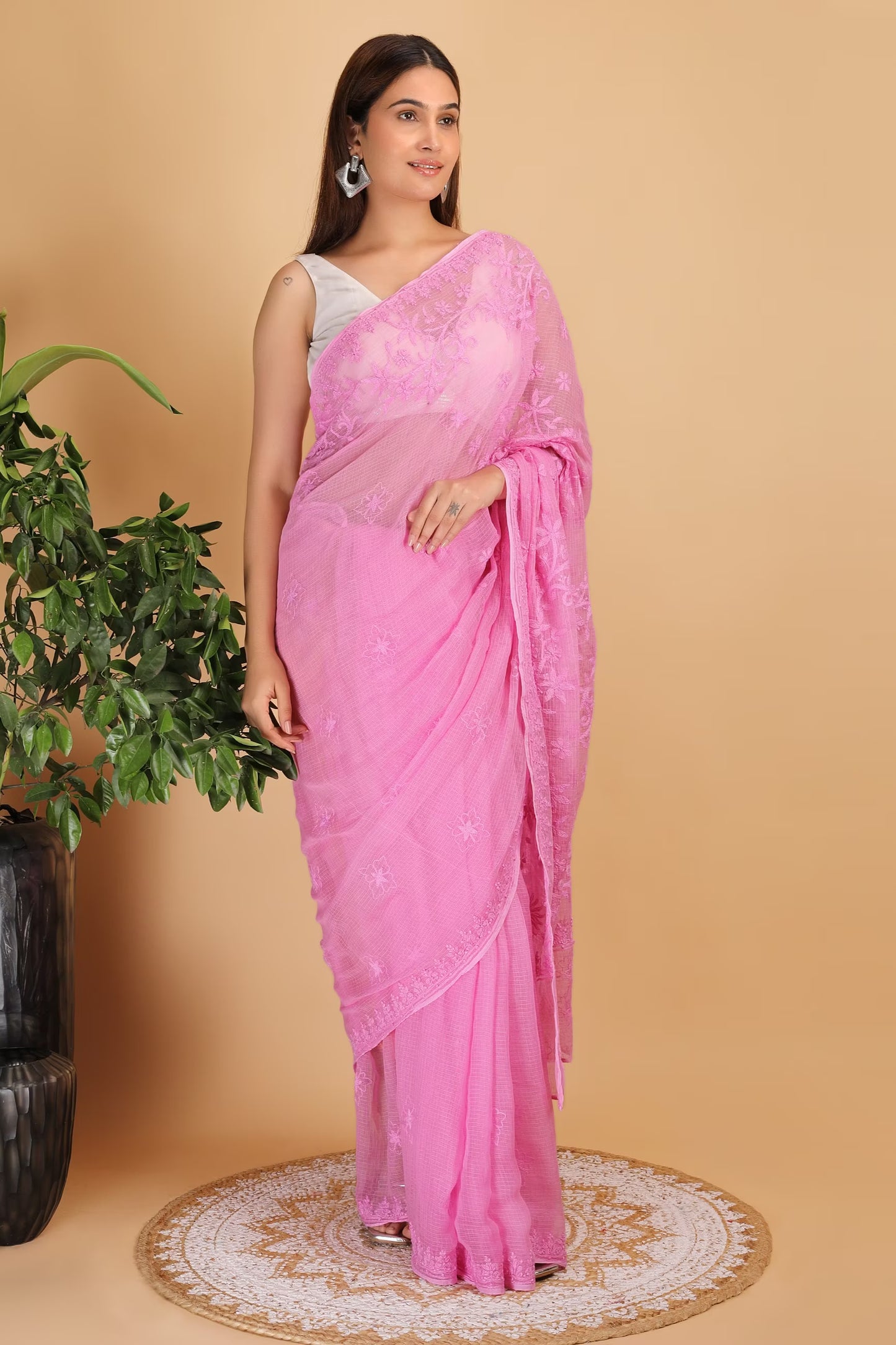 Shwet Magenta Kota Cotton Hand Embroidered Chikankari Saree