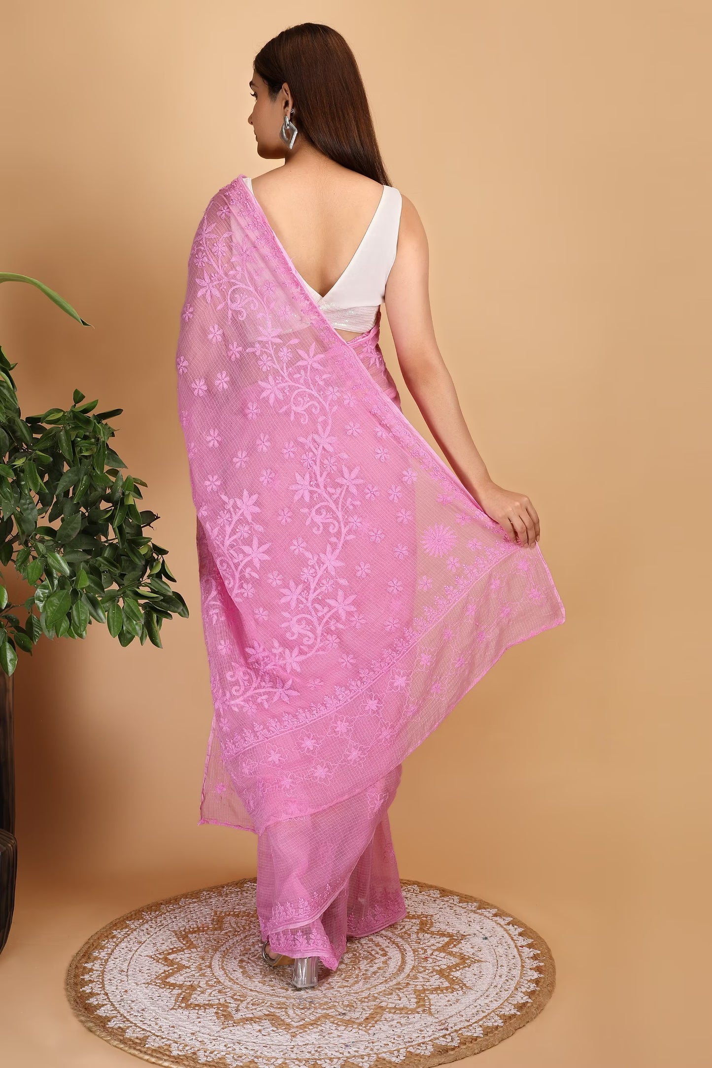 Shwet Magenta Kota Cotton Hand Embroidered Chikankari Saree