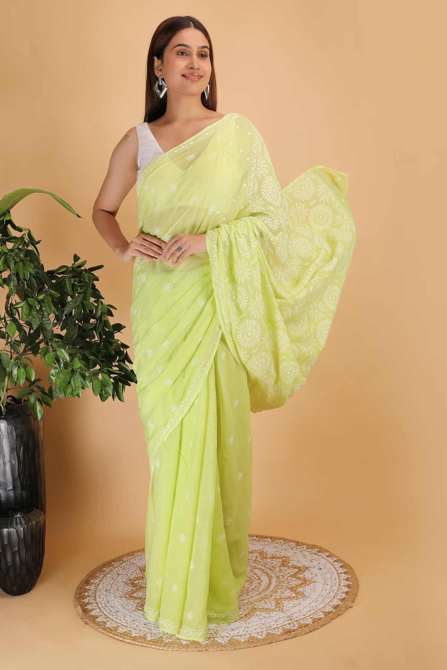 Shwet Light Green Kota Cotton Hand Embroidered Chikankari Saree