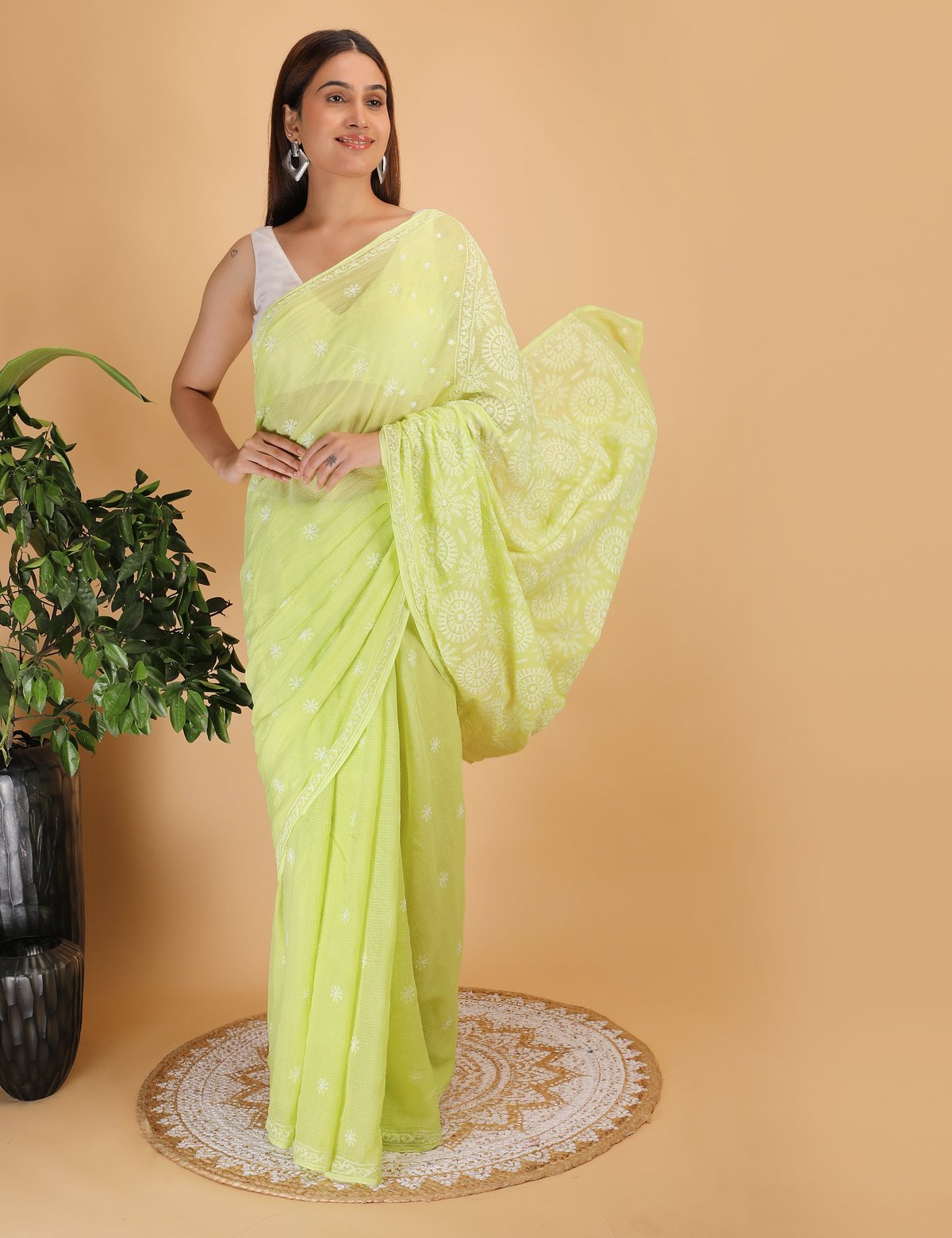 Shwet Light Green  Kota Cotton Chikankari Saree - Handcrafted Chikankari embroidery, front view. Premium quality fabric.