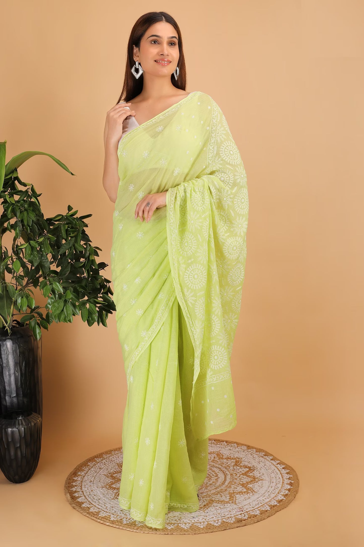 Shwet Light Green Kota Cotton Hand Embroidered Chikankari Saree