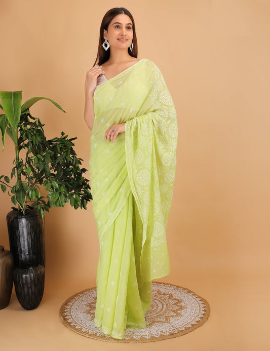 Shwet Light Green  Kota Cotton Chikankari Saree - Handcrafted Chikankari embroidery, close-up detail. Premium quality fabric.