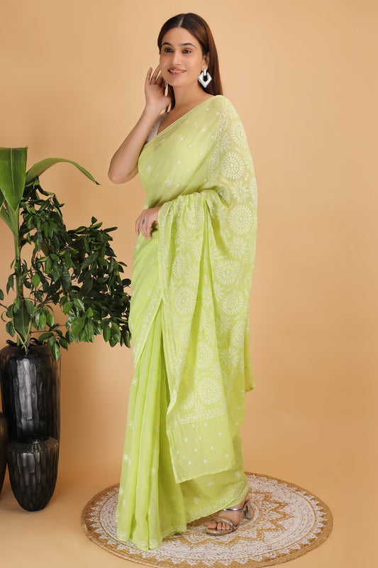Shwet Light Green Kota Cotton Hand Embroidered Chikankari Saree