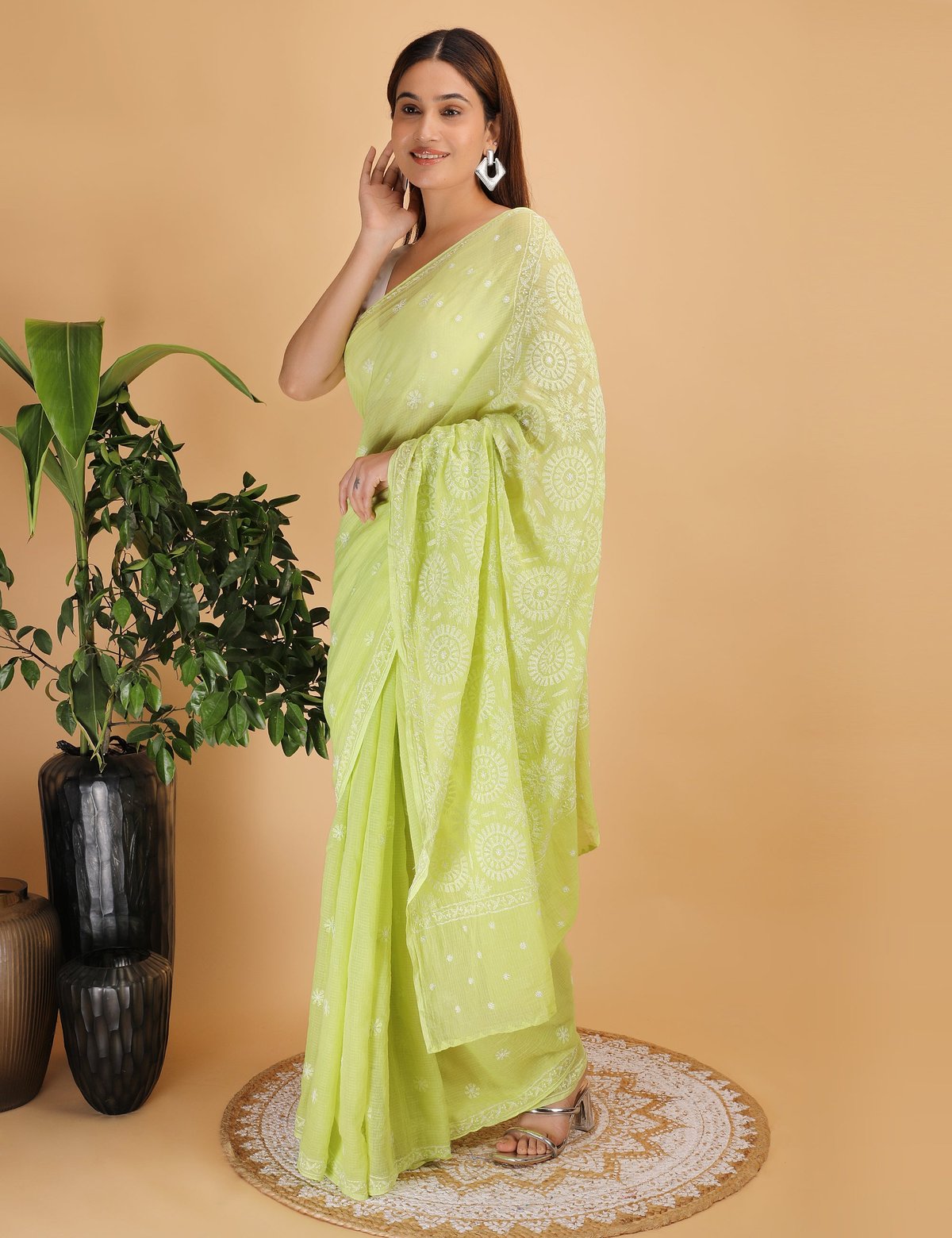 Shwet Light Green  Kota Cotton Chikankari Saree - Handcrafted Chikankari embroidery, styling example. Premium quality fabric.